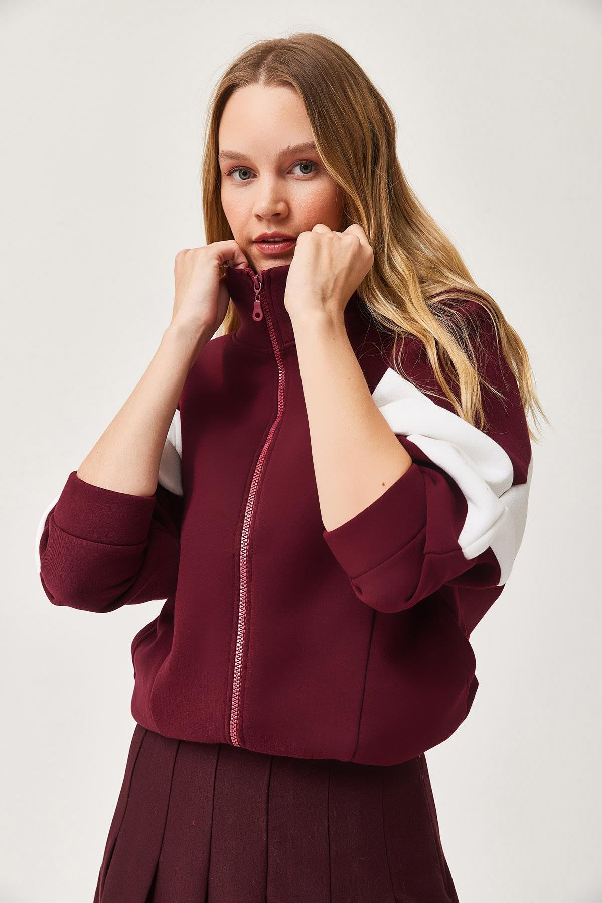 Oversize Fermuar Detaylı Garnili Sweatshirt Bordo