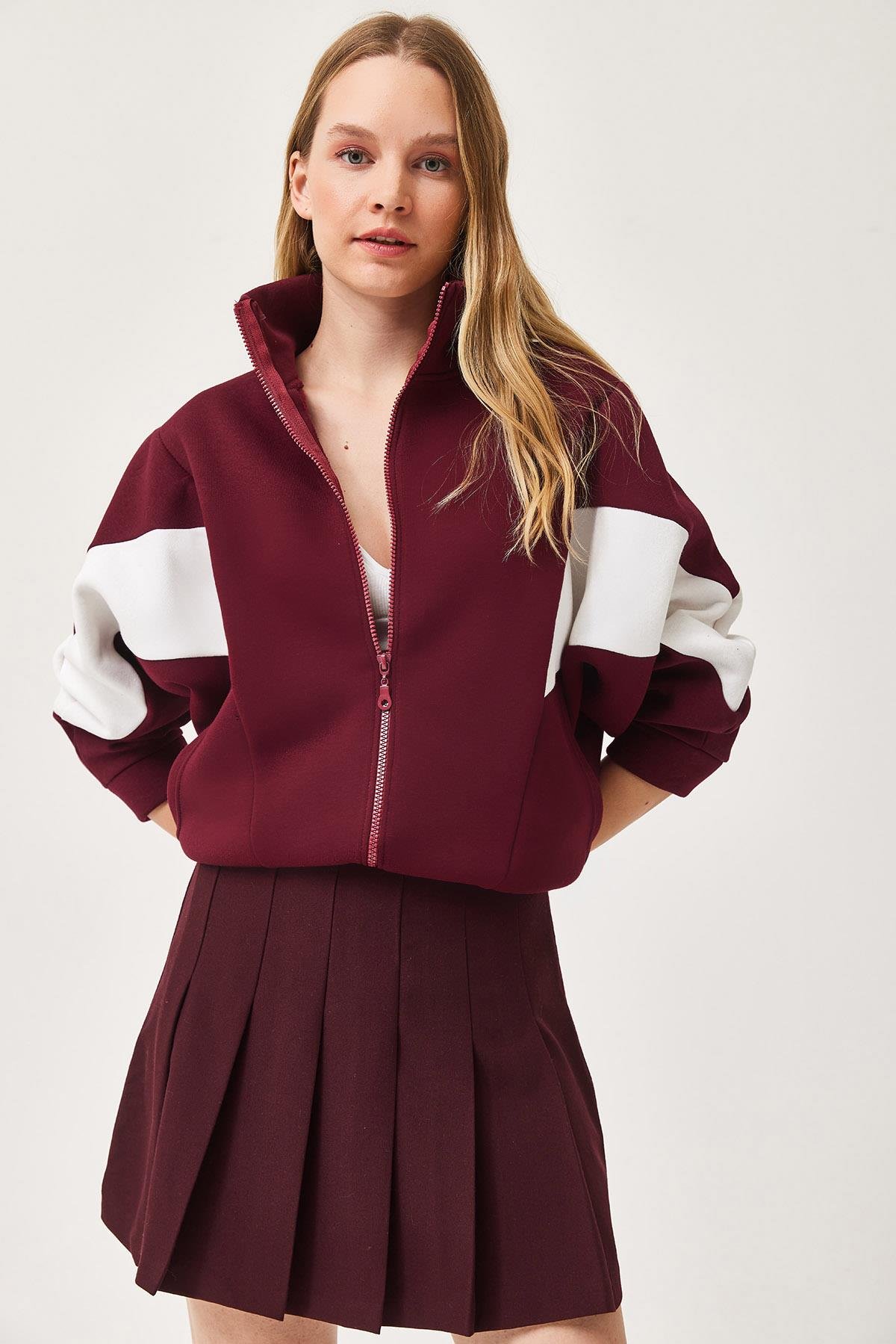 Oversize Fermuar Detaylı Garnili Sweatshirt Bordo