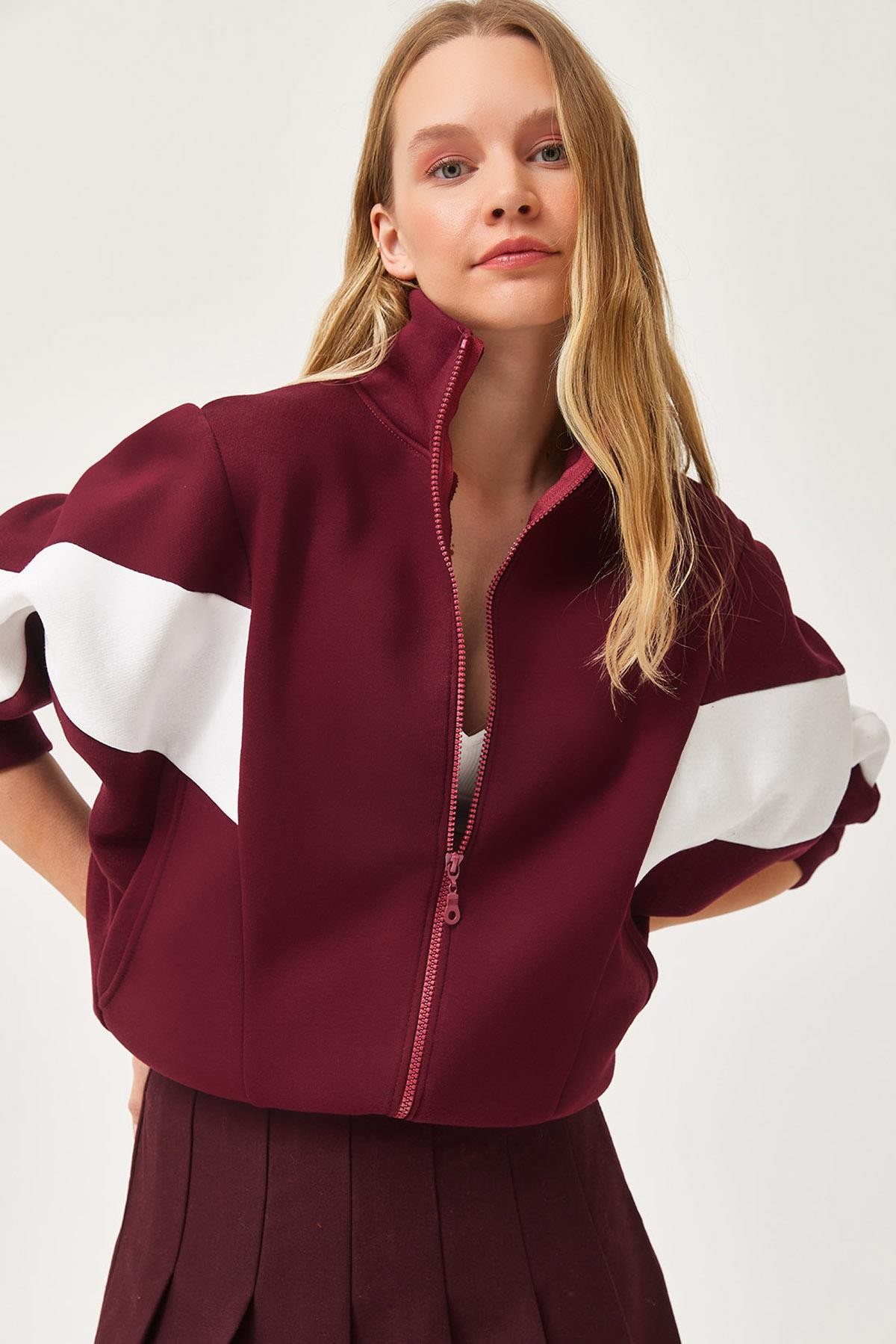 Oversize Fermuar Detaylı Garnili Sweatshirt Bordo