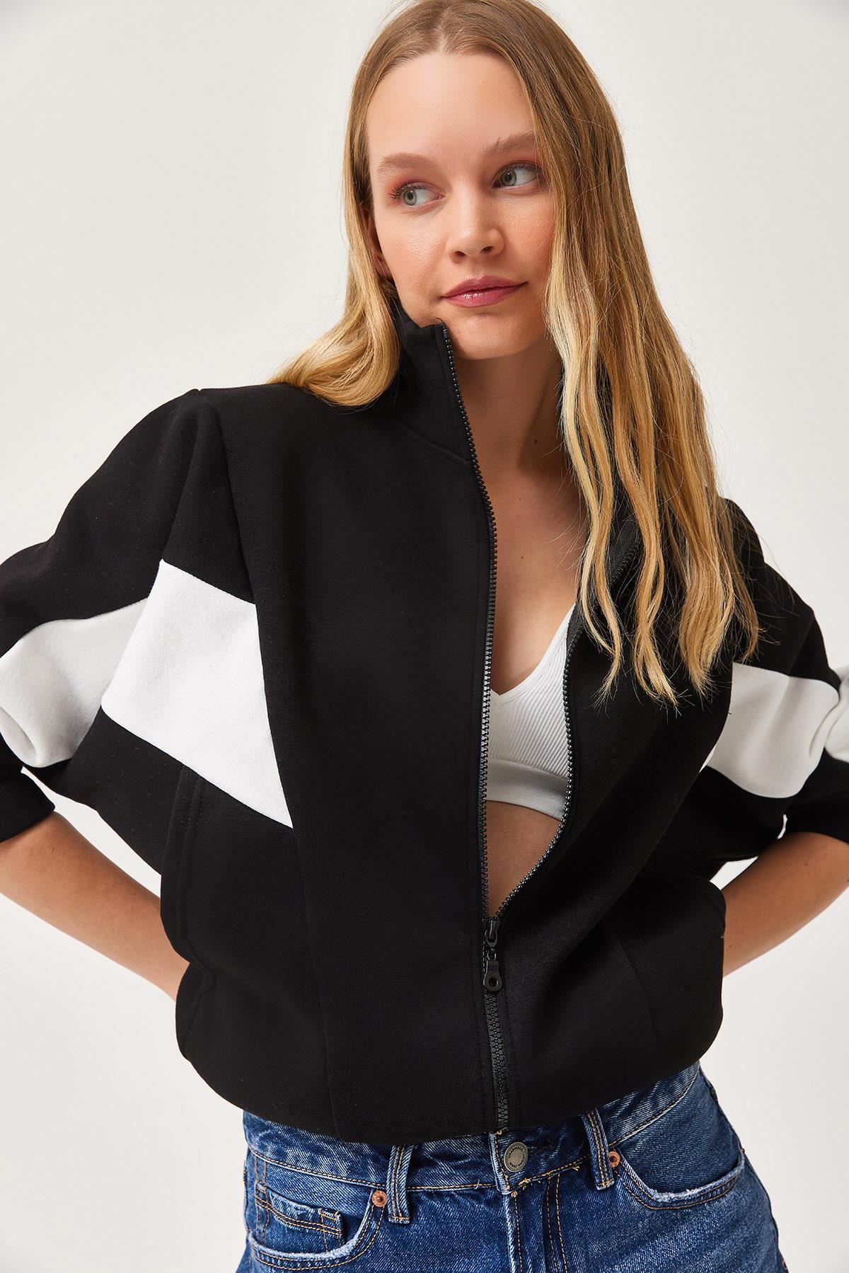Oversize Fermuar Detaylı Garnili Sweatshirt Siyah