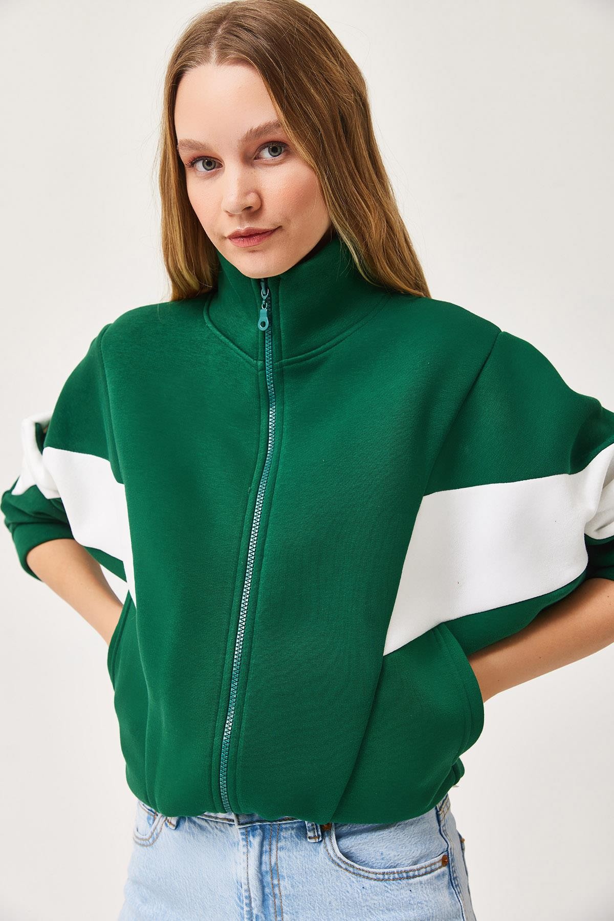 Oversize Fermuar Detaylı Garnili Sweatshirt Yeşil