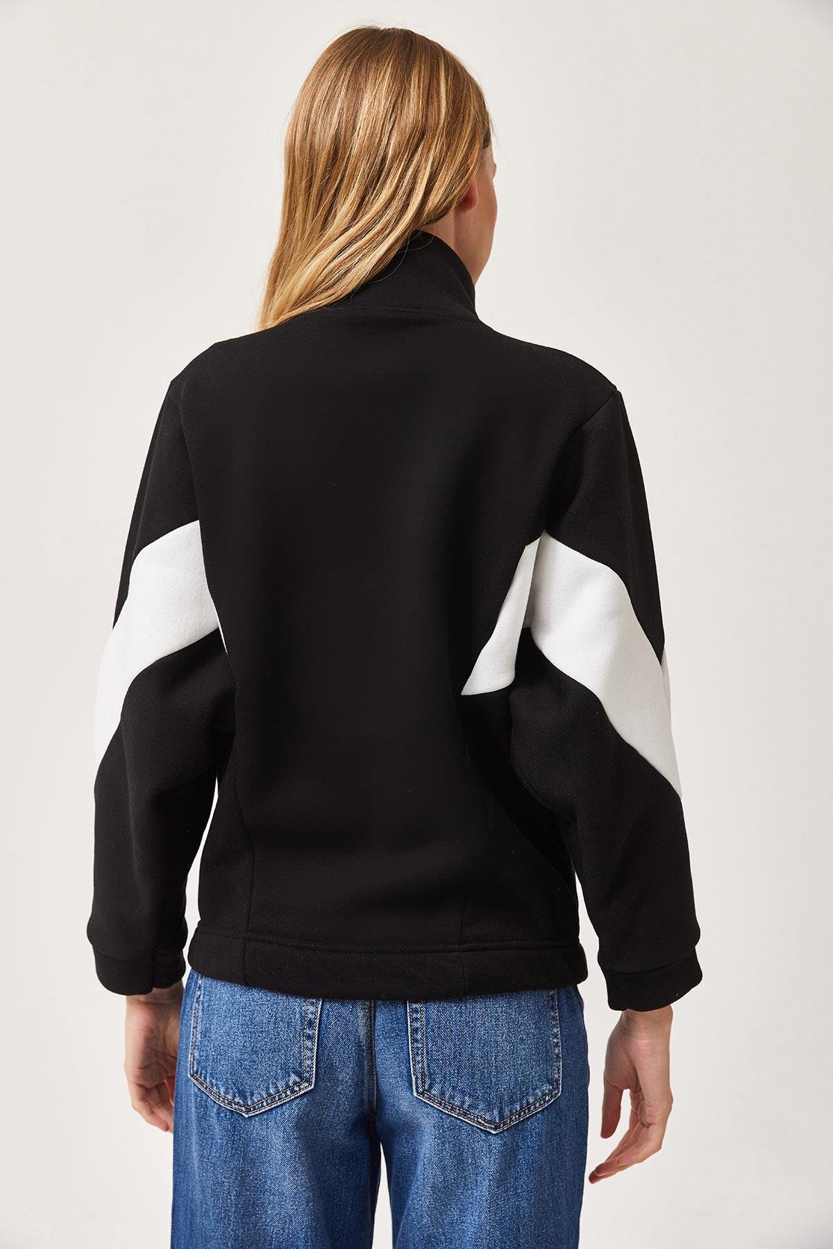 Oversize Fermuar Detaylı Garnili Sweatshirt Siyah