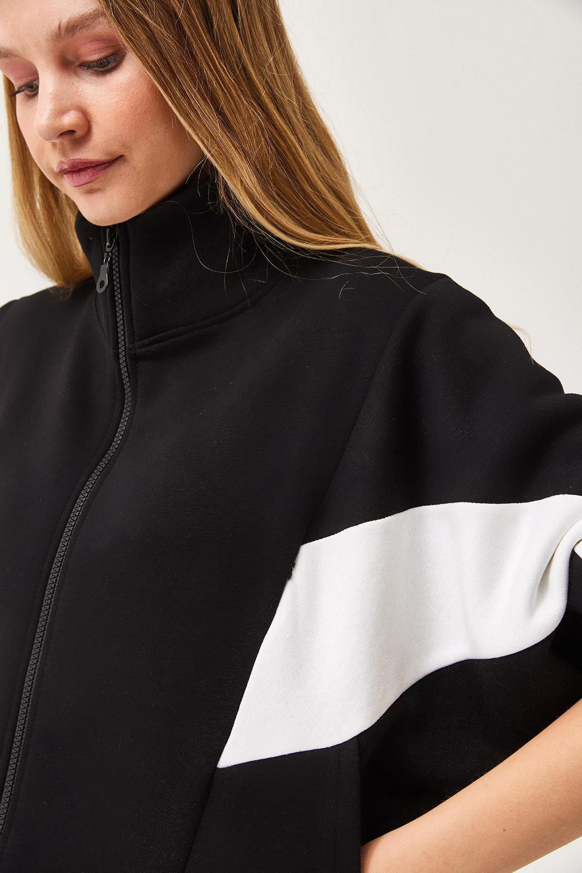 Oversize Fermuar Detaylı Garnili Sweatshirt Siyah