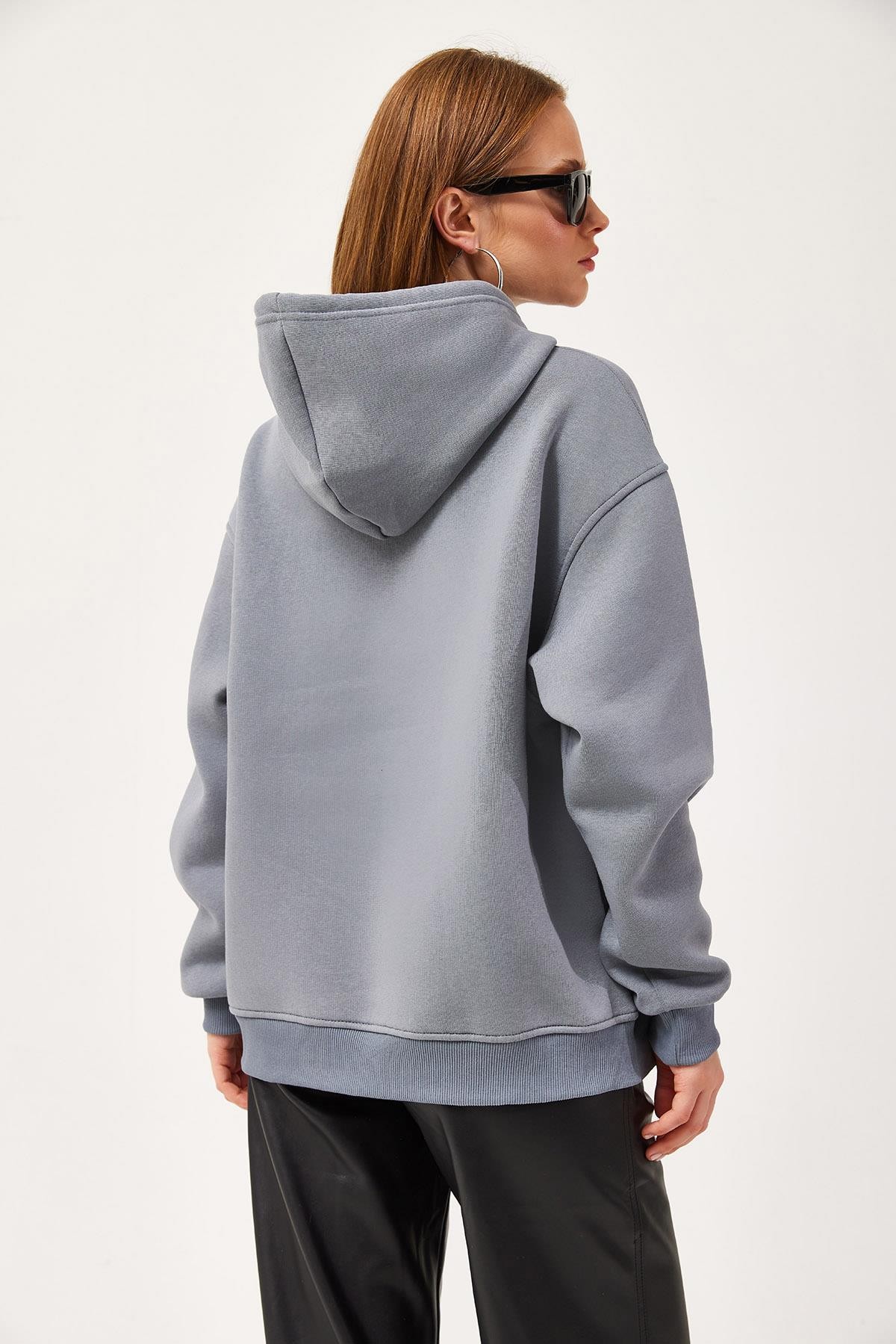 Oversize Kapüşonlu Kanguru Cepli Sweatshirt Antrasit