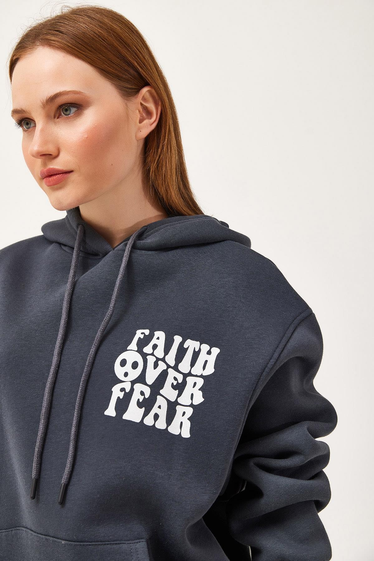 Oversize Kapüşonlu Kanguru Cepli Sweatshirt Antrasit