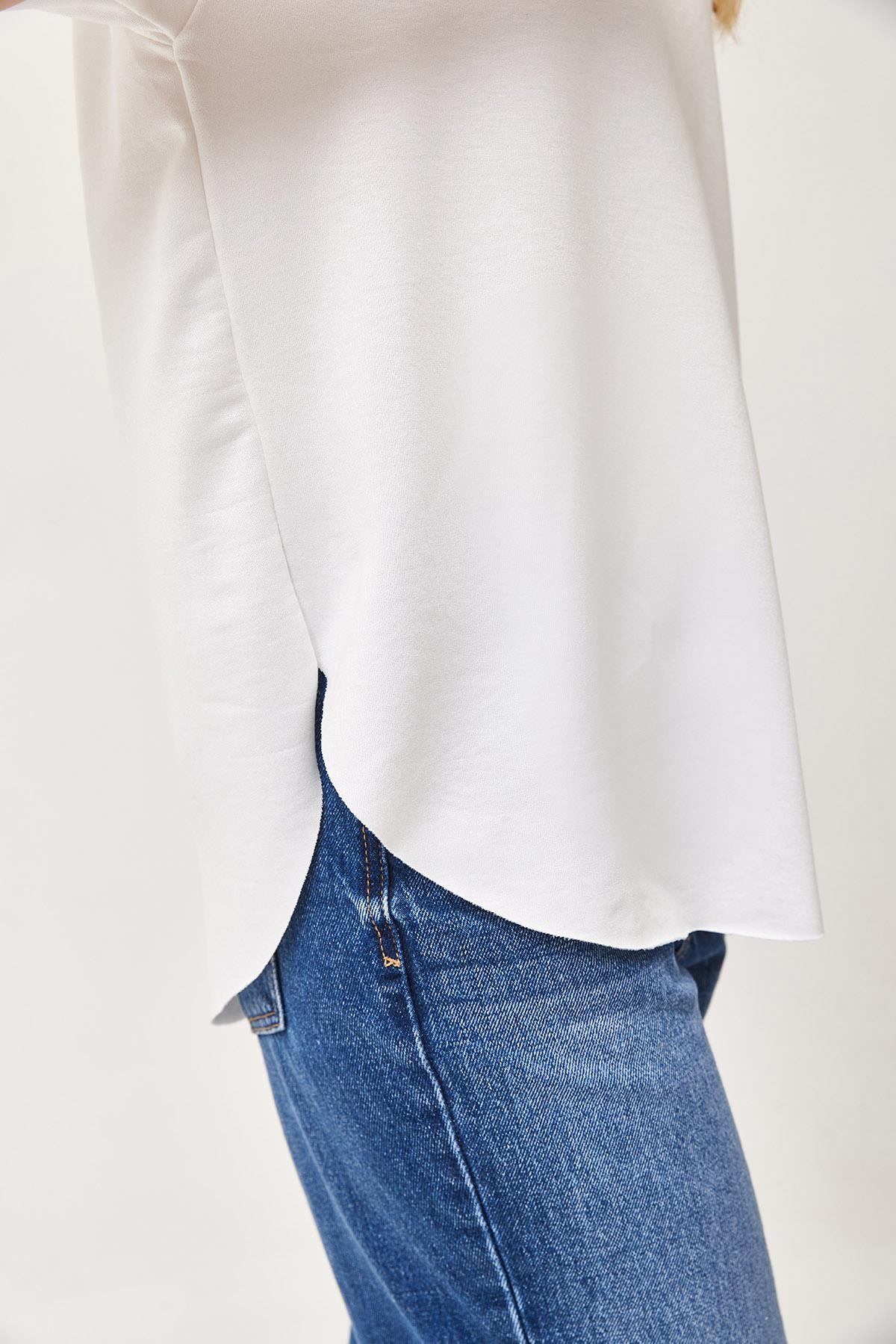 Oysh Yumuşak Dokulu Eteği Oval Modal Tshirt Beyaz