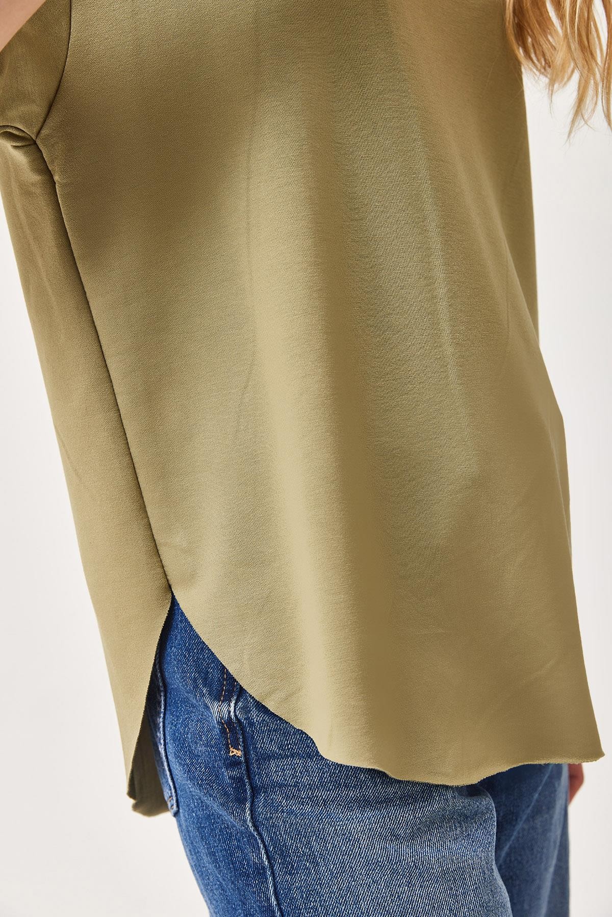 Oysh Yumuşak Dokulu Eteği Oval Modal Tshirt Haki
