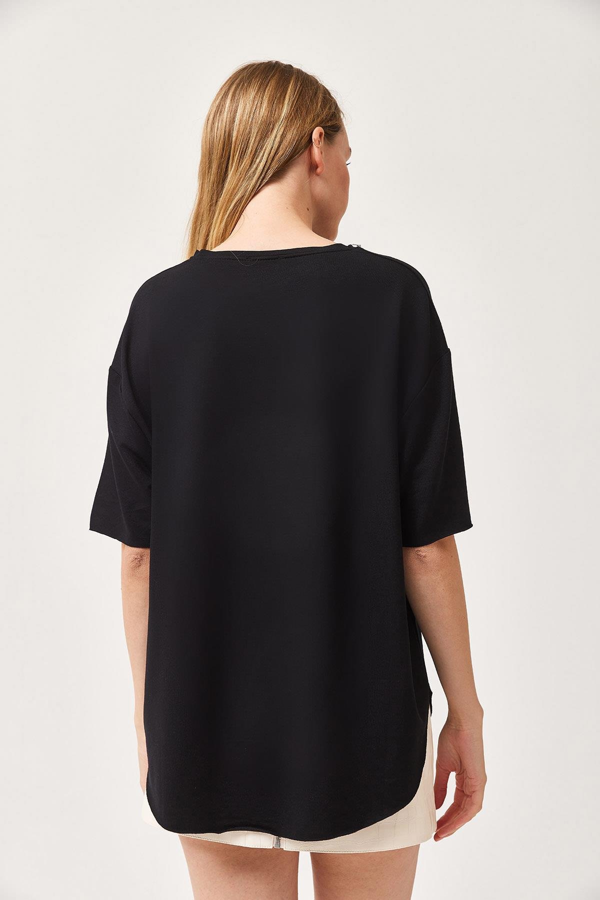 Oysh Yumuşak Dokulu Eteği Oval Modal Tshirt Siyah