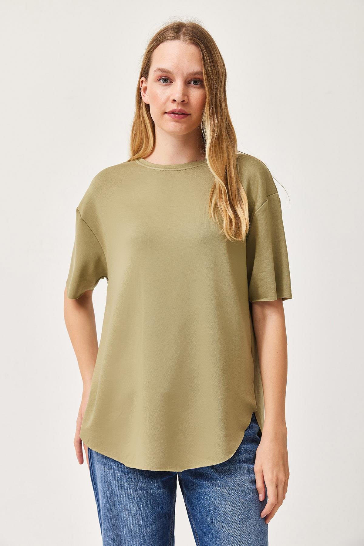 Oysh Yumuşak Dokulu Eteği Oval Modal Tshirt Haki