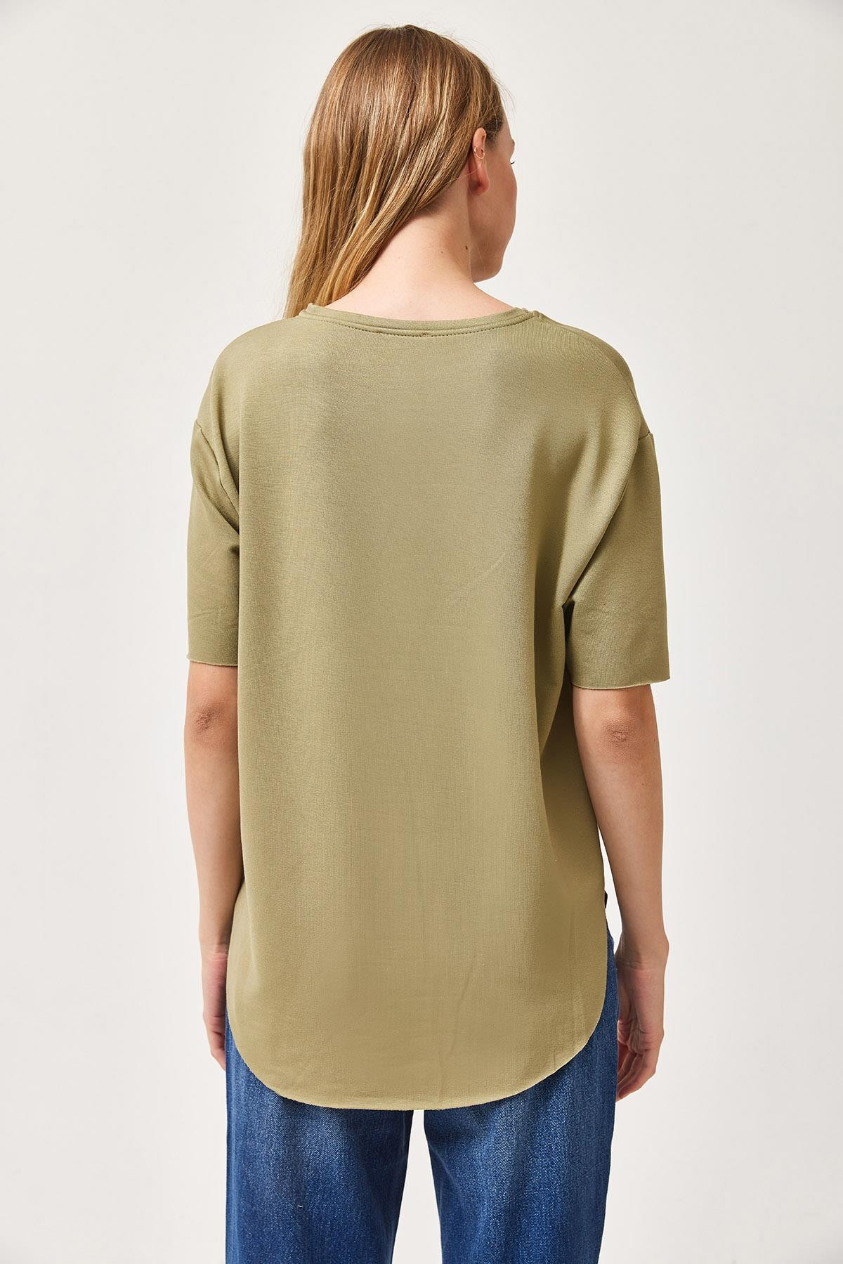 Oysh Yumuşak Dokulu Eteği Oval Modal Tshirt Haki