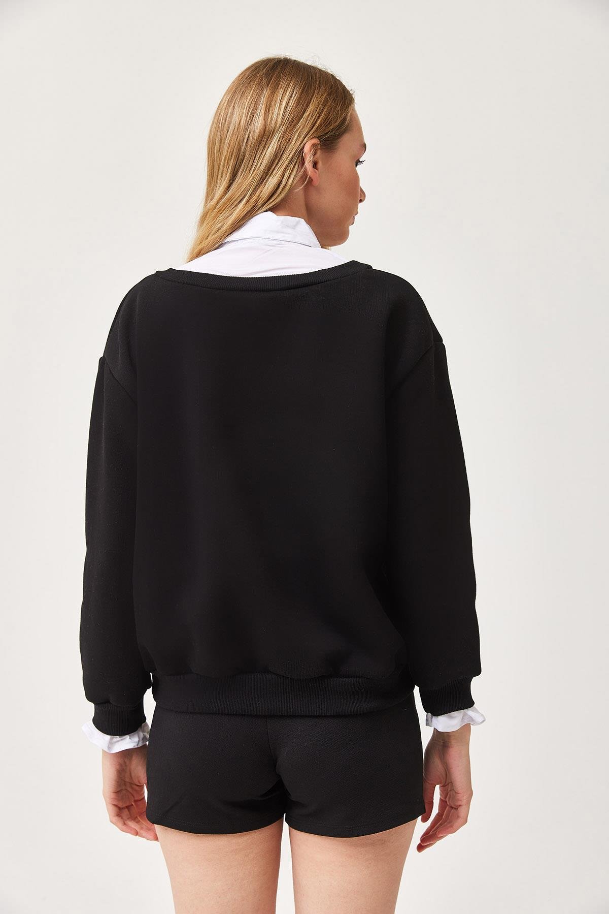Şardonlu Oversize Gömlek Detaylı Sweatshirt Siyah