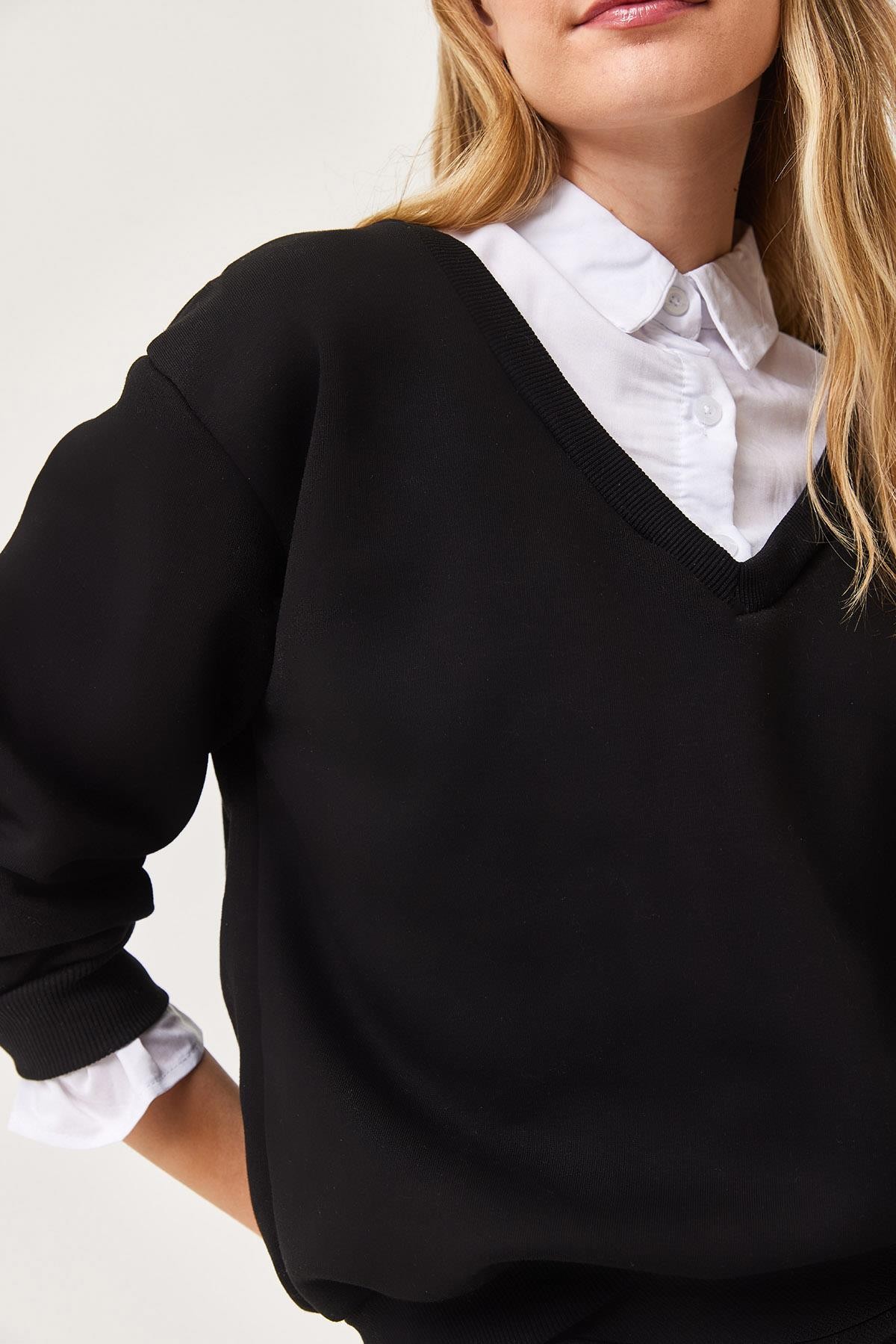 Şardonlu Oversize Gömlek Detaylı Sweatshirt Siyah