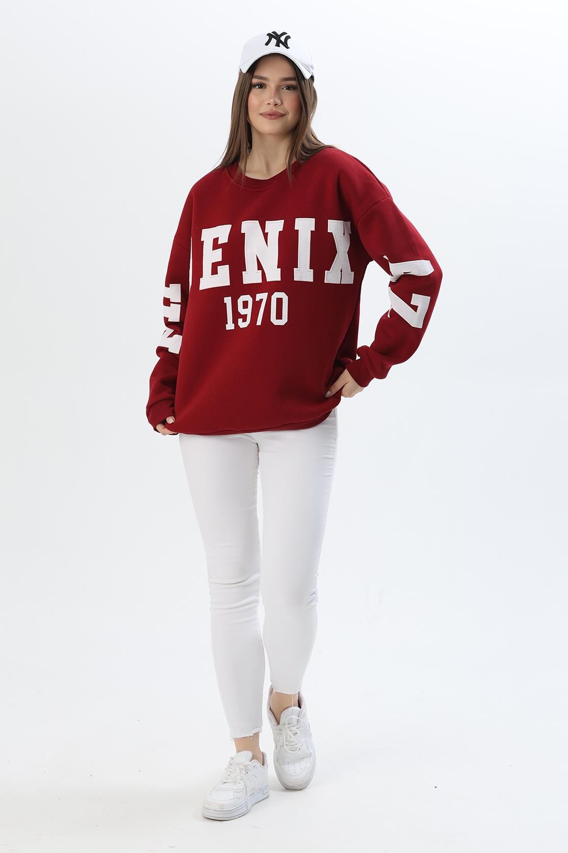 Üç İplik Baskılı Kapüşonlu Sweatshirt Bordo