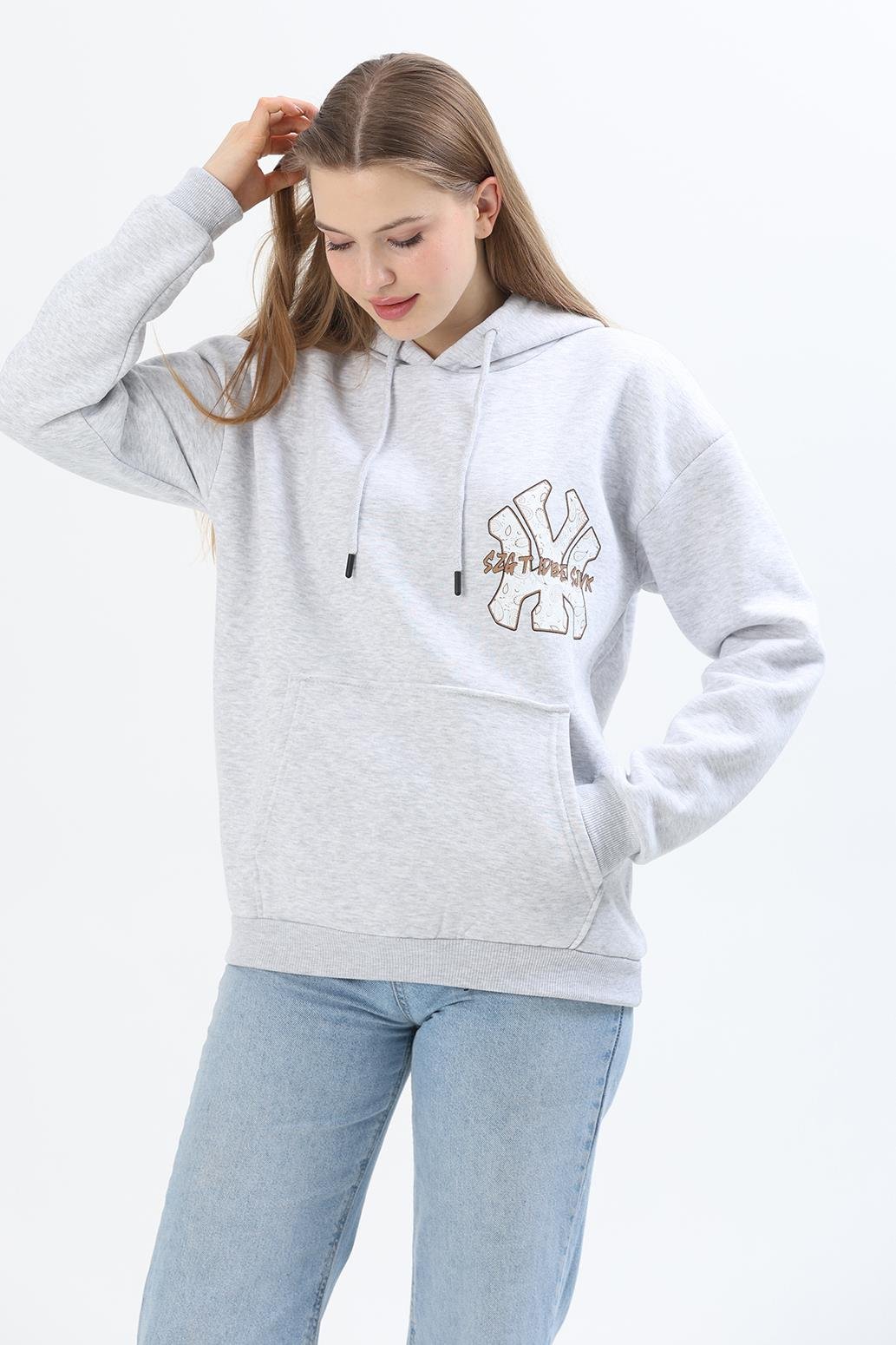 Üç İplik Baskılı Kapüşonlu Sweatshirt Gri