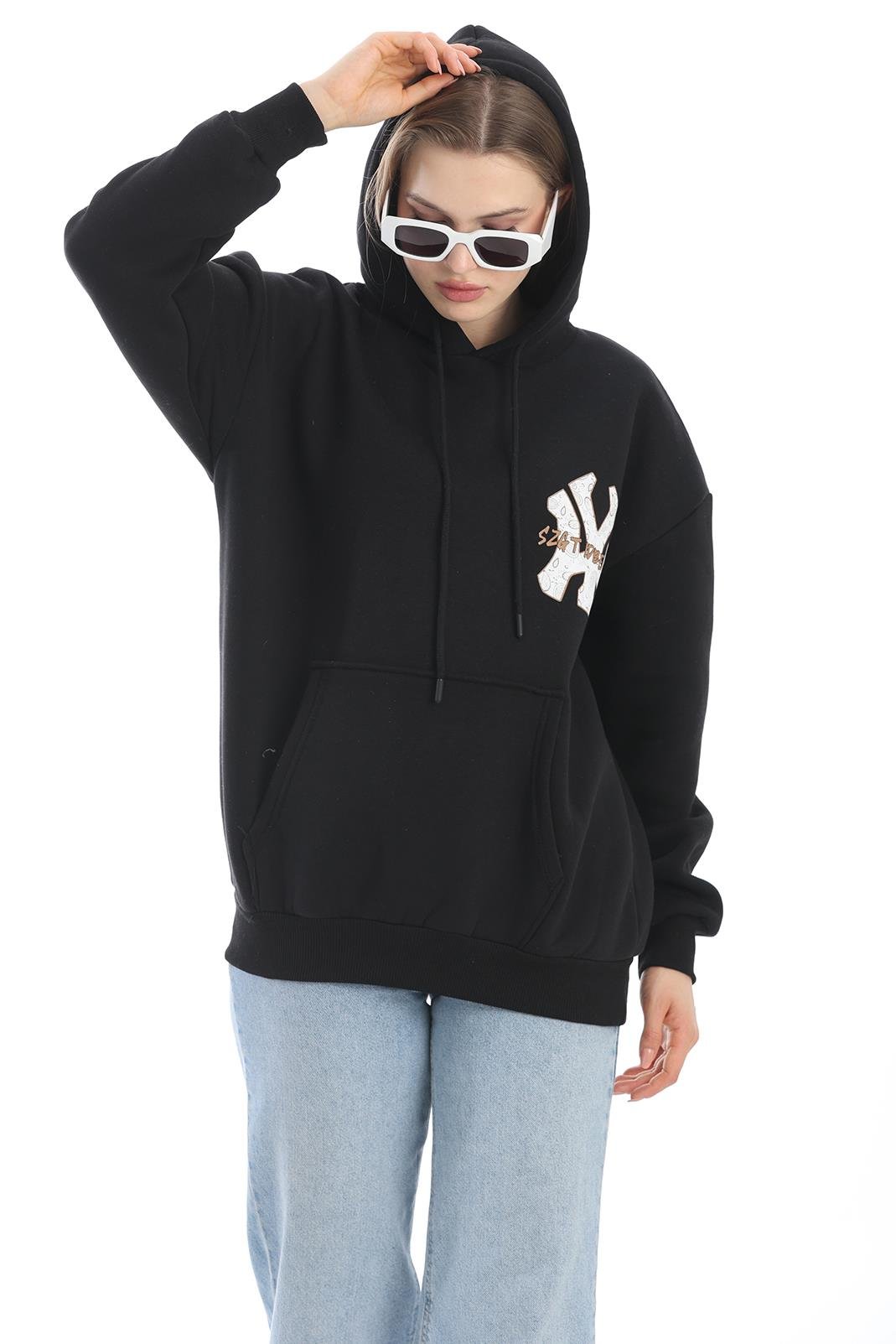 Üç İplik Baskılı Kapüşonlu Sweatshirt Siyah