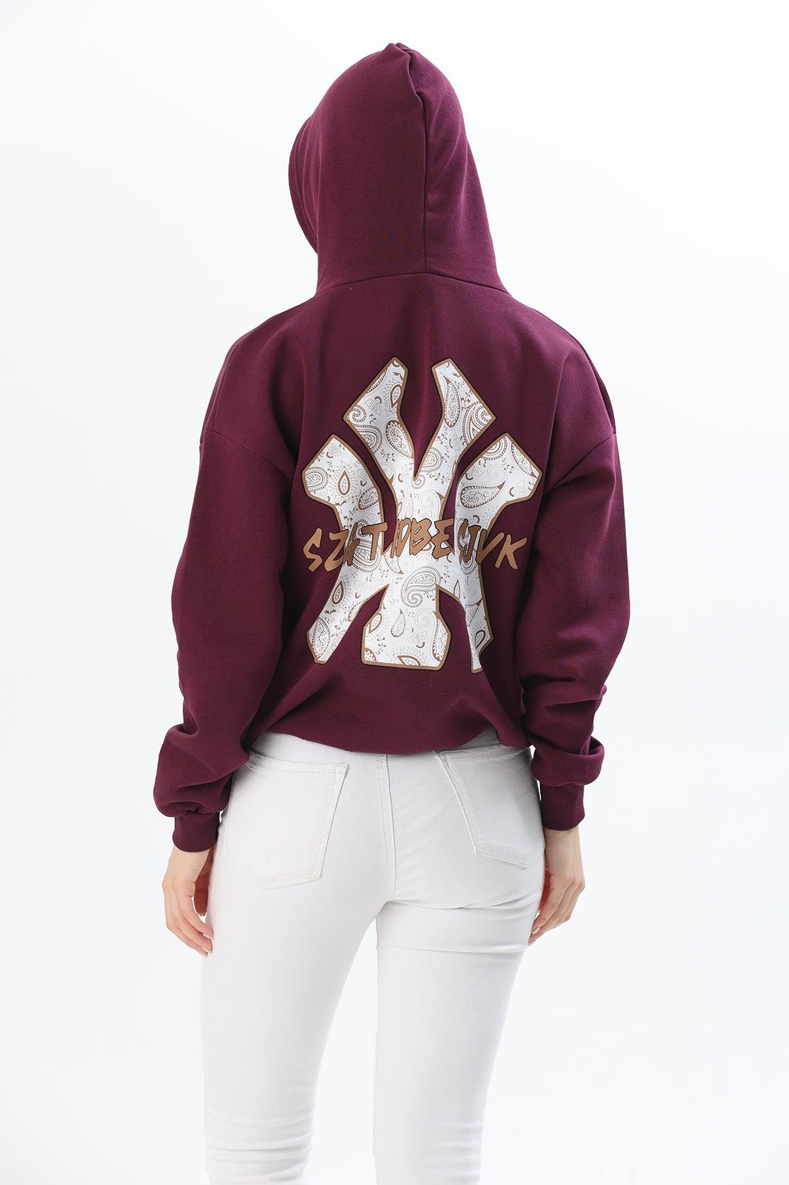 Üç İplik Baskılı Kapüşonlu Sweatshirt Bordo