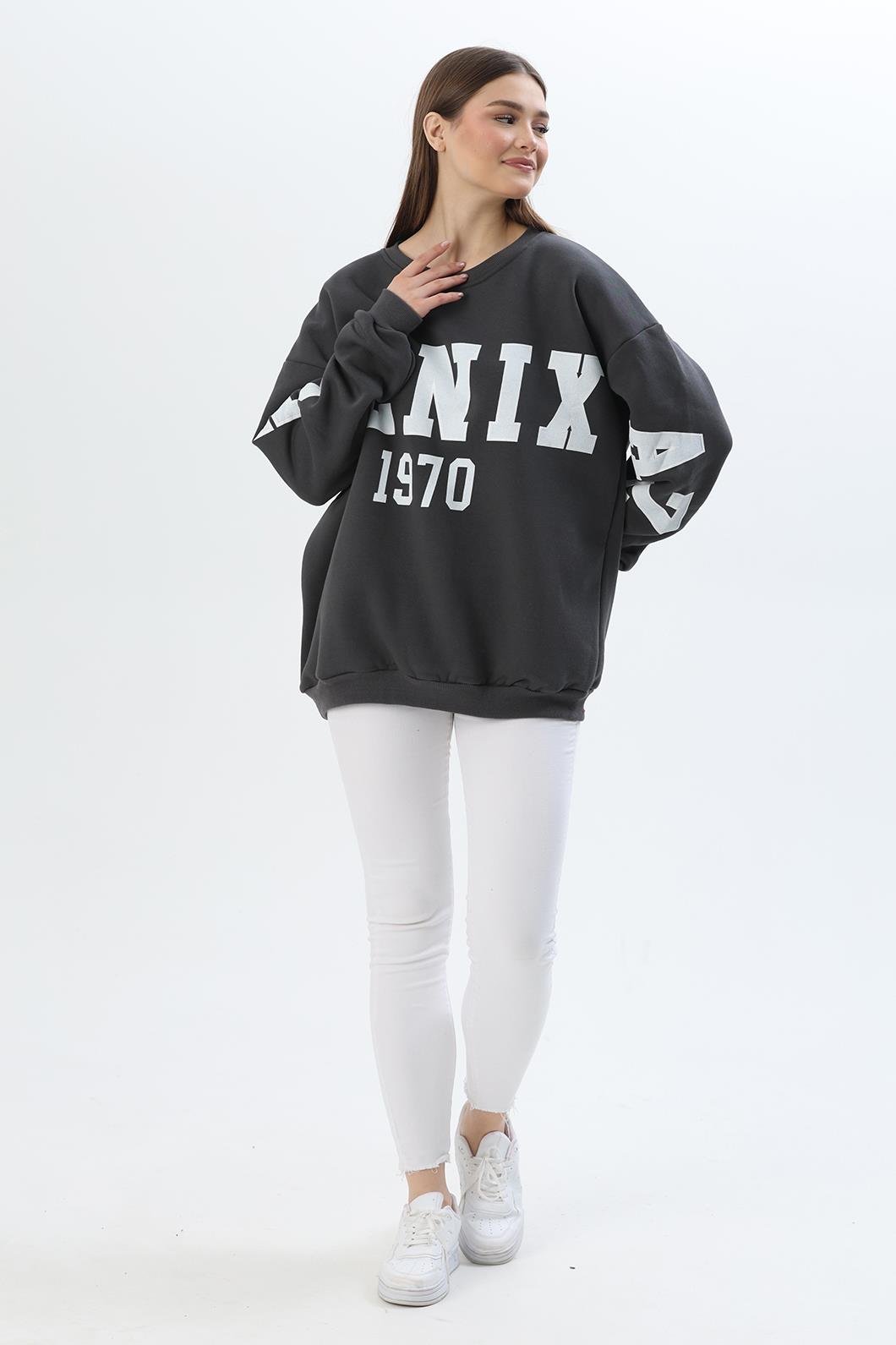 Üç İplik Baskılı Kapüşonlu Sweatshirt Füme