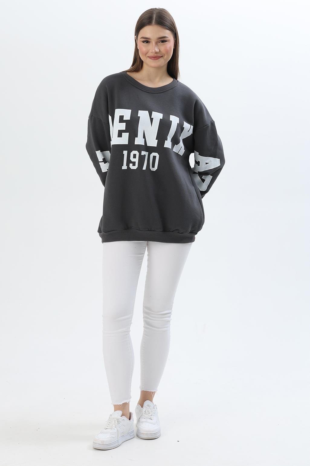 Üç İplik Baskılı Kapüşonlu Sweatshirt Füme