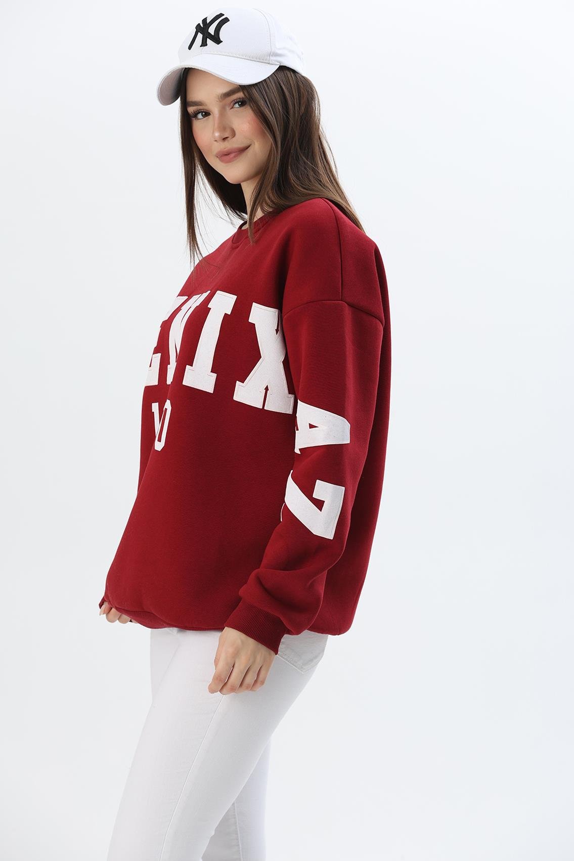 Üç İplik Baskılı Kapüşonlu Sweatshirt Bordo