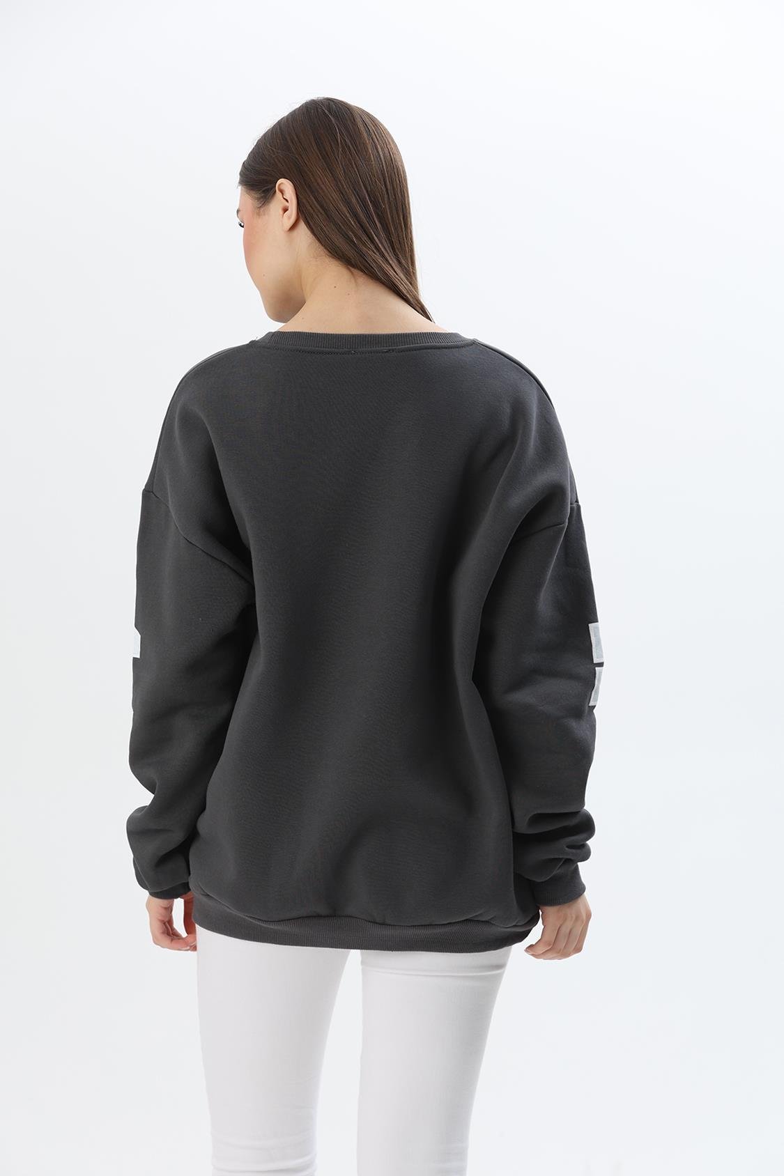 Üç İplik Baskılı Kapüşonlu Sweatshirt Füme