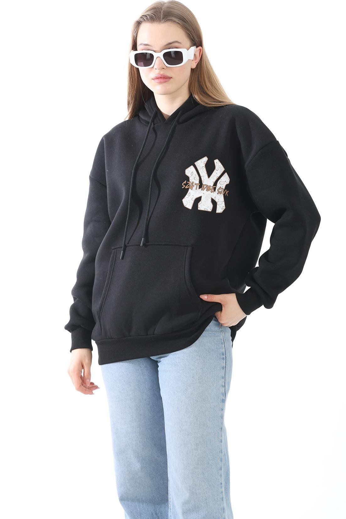 Üç İplik Baskılı Kapüşonlu Sweatshirt Siyah