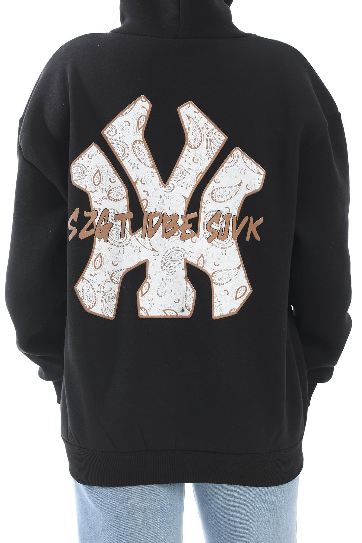 Üç İplik Baskılı Kapüşonlu Sweatshirt Siyah