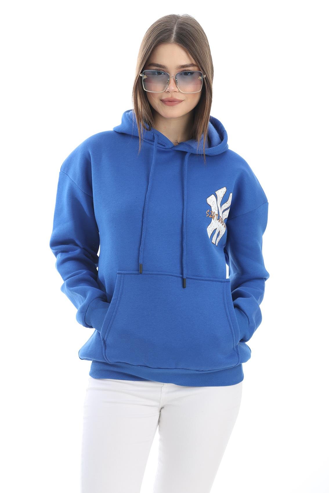 Üç İplik Baskılı Kapüşonlu Sweatshirt Mavi