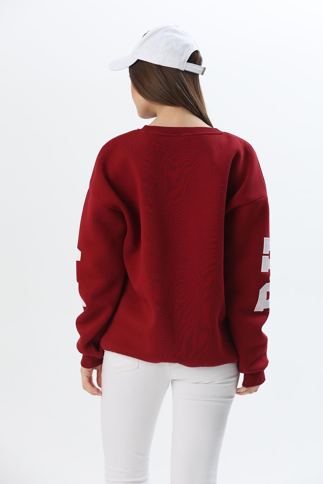 Üç İplik Baskılı Kapüşonlu Sweatshirt Bordo