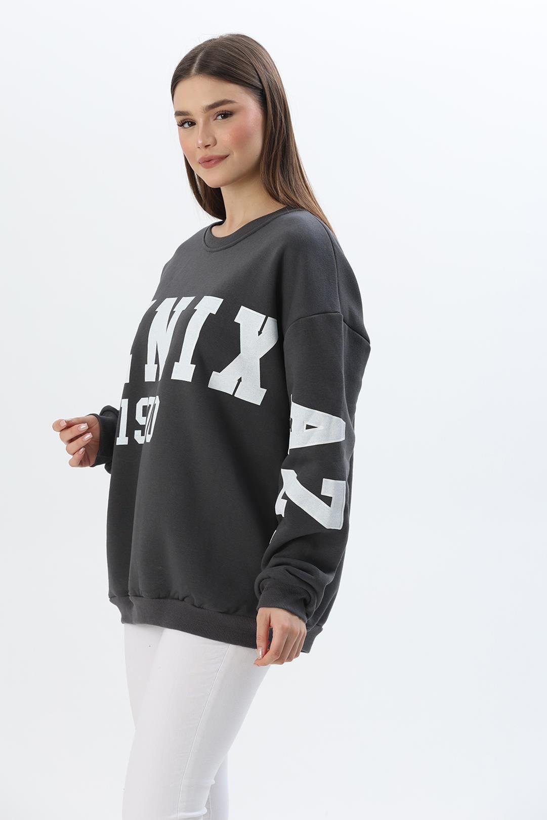 Üç İplik Baskılı Kapüşonlu Sweatshirt Füme