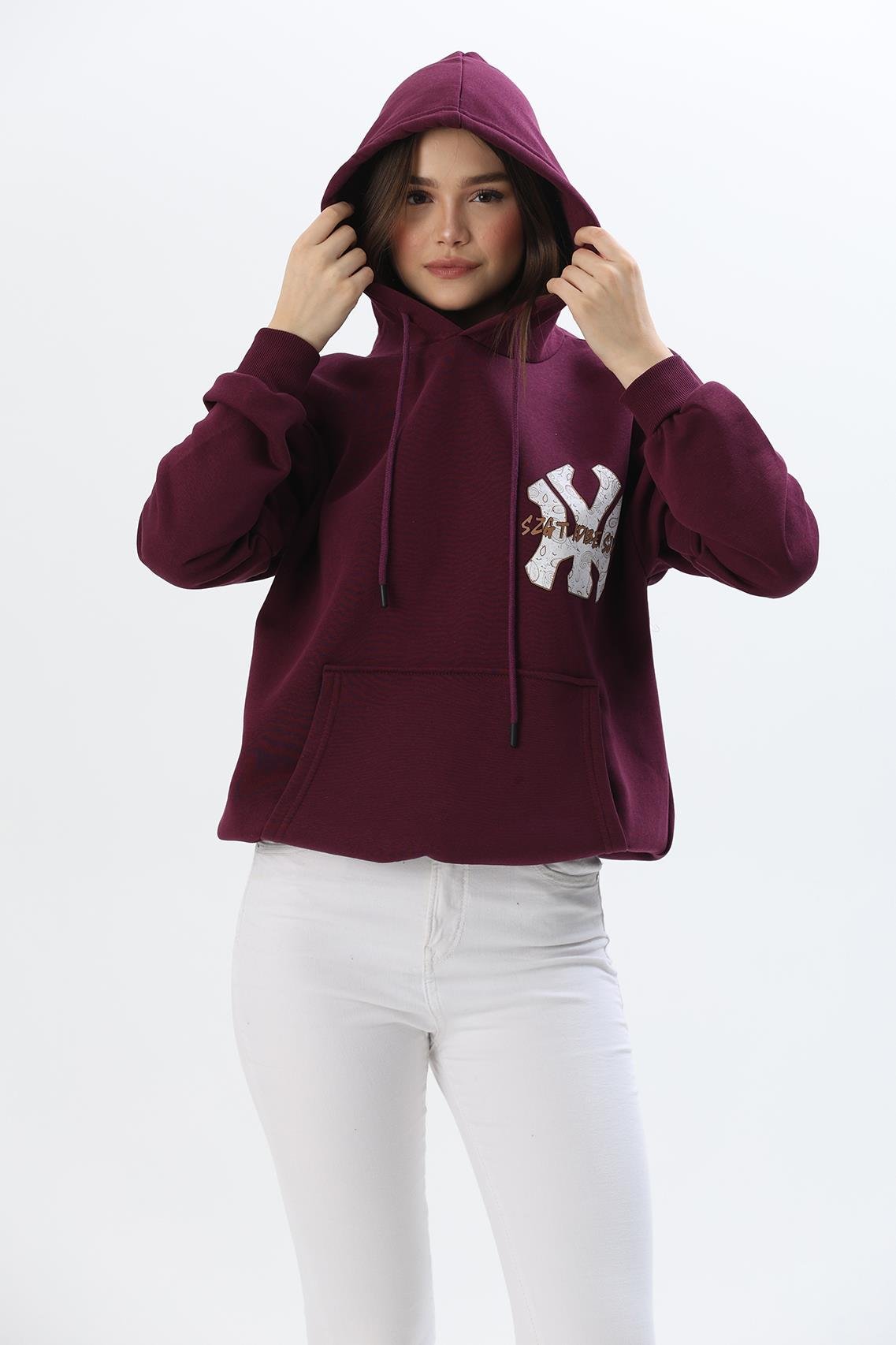 Üç İplik Baskılı Kapüşonlu Sweatshirt Bordo