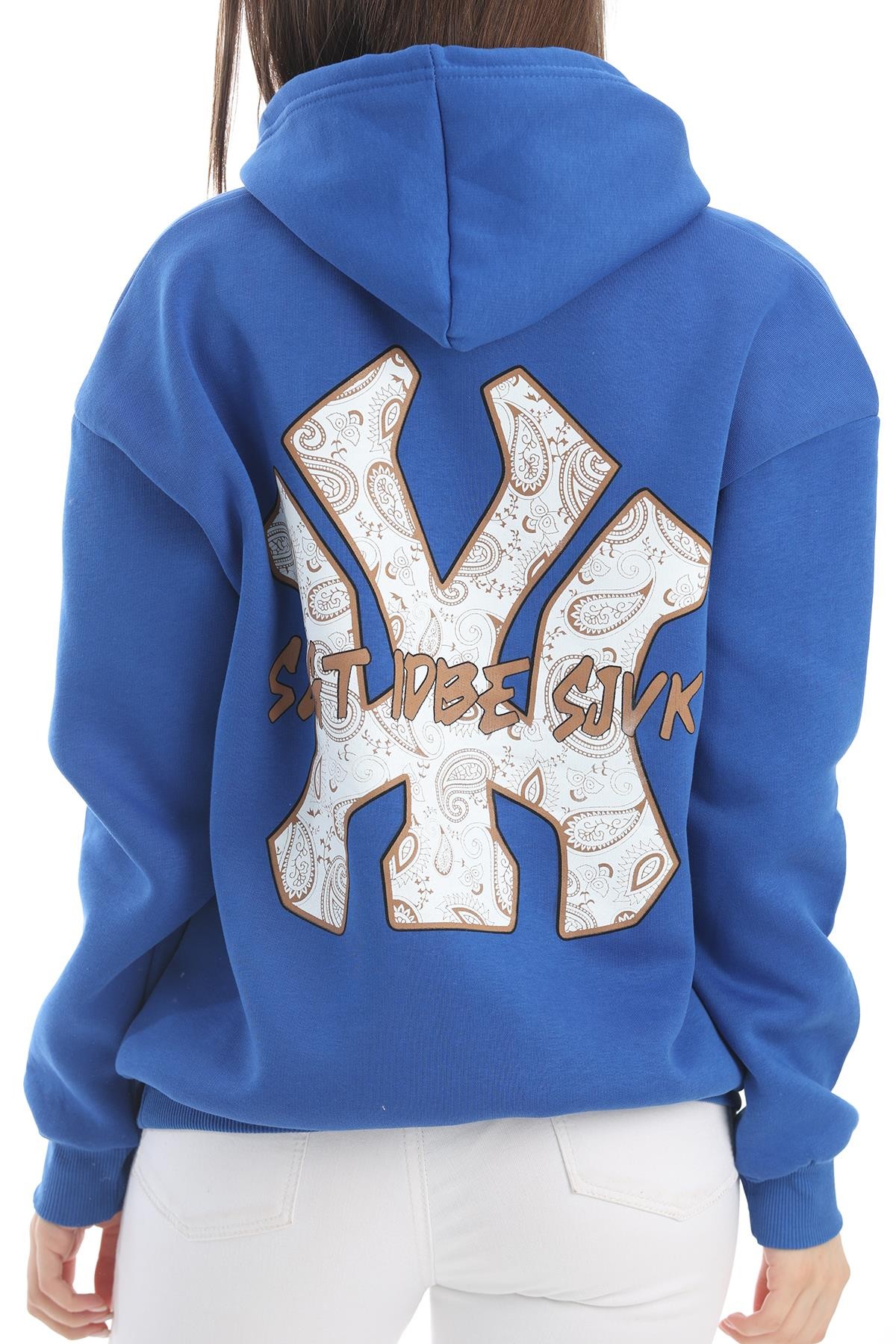 Üç İplik Baskılı Kapüşonlu Sweatshirt Mavi