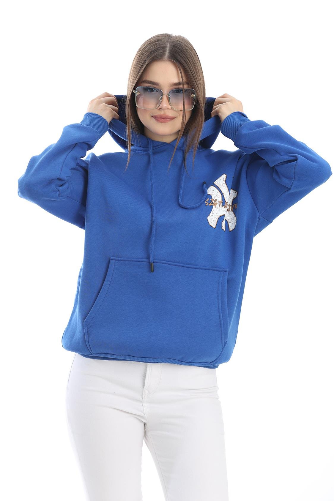 Üç İplik Baskılı Kapüşonlu Sweatshirt Mavi