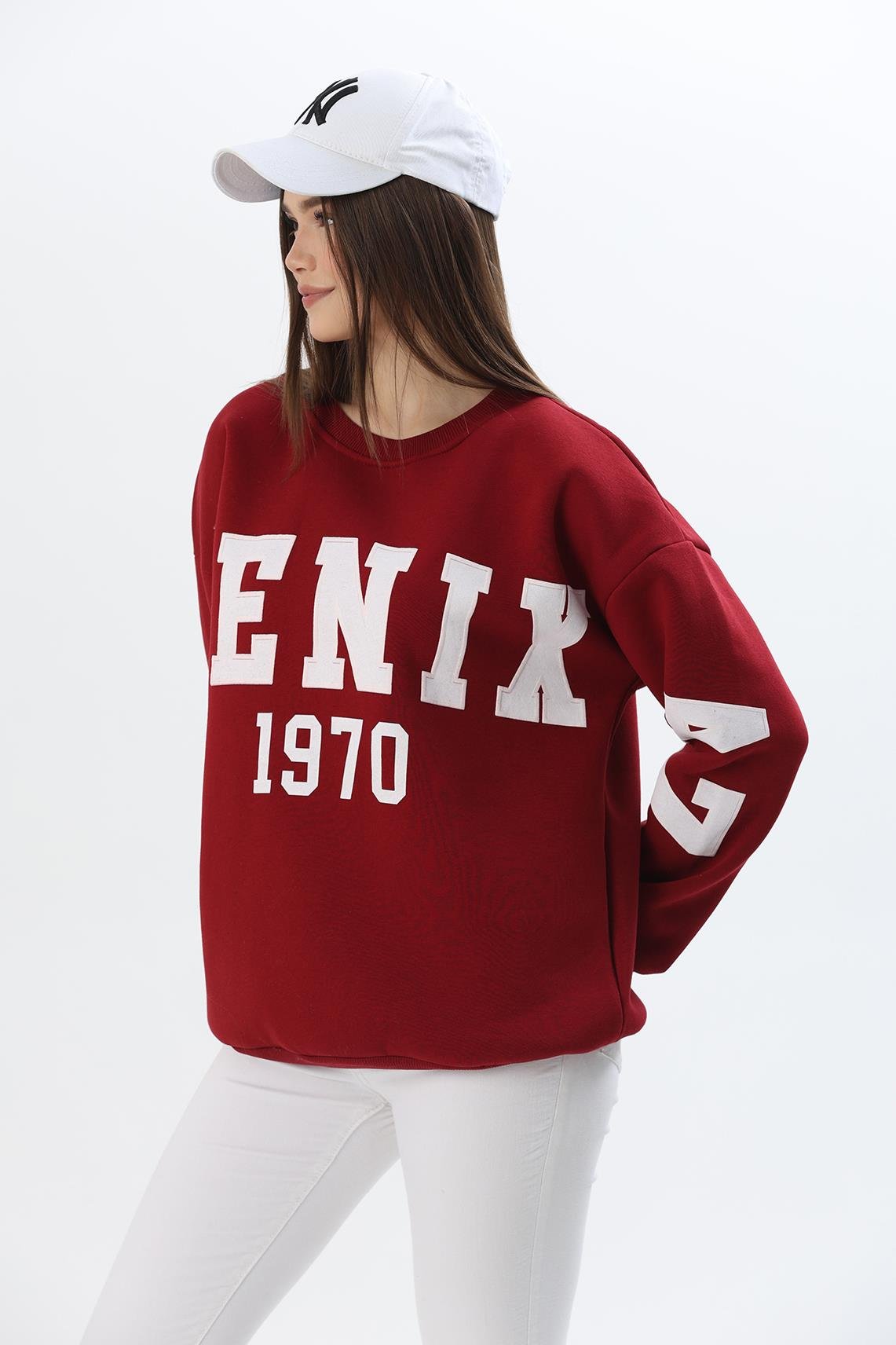 Üç İplik Baskılı Kapüşonlu Sweatshirt Bordo