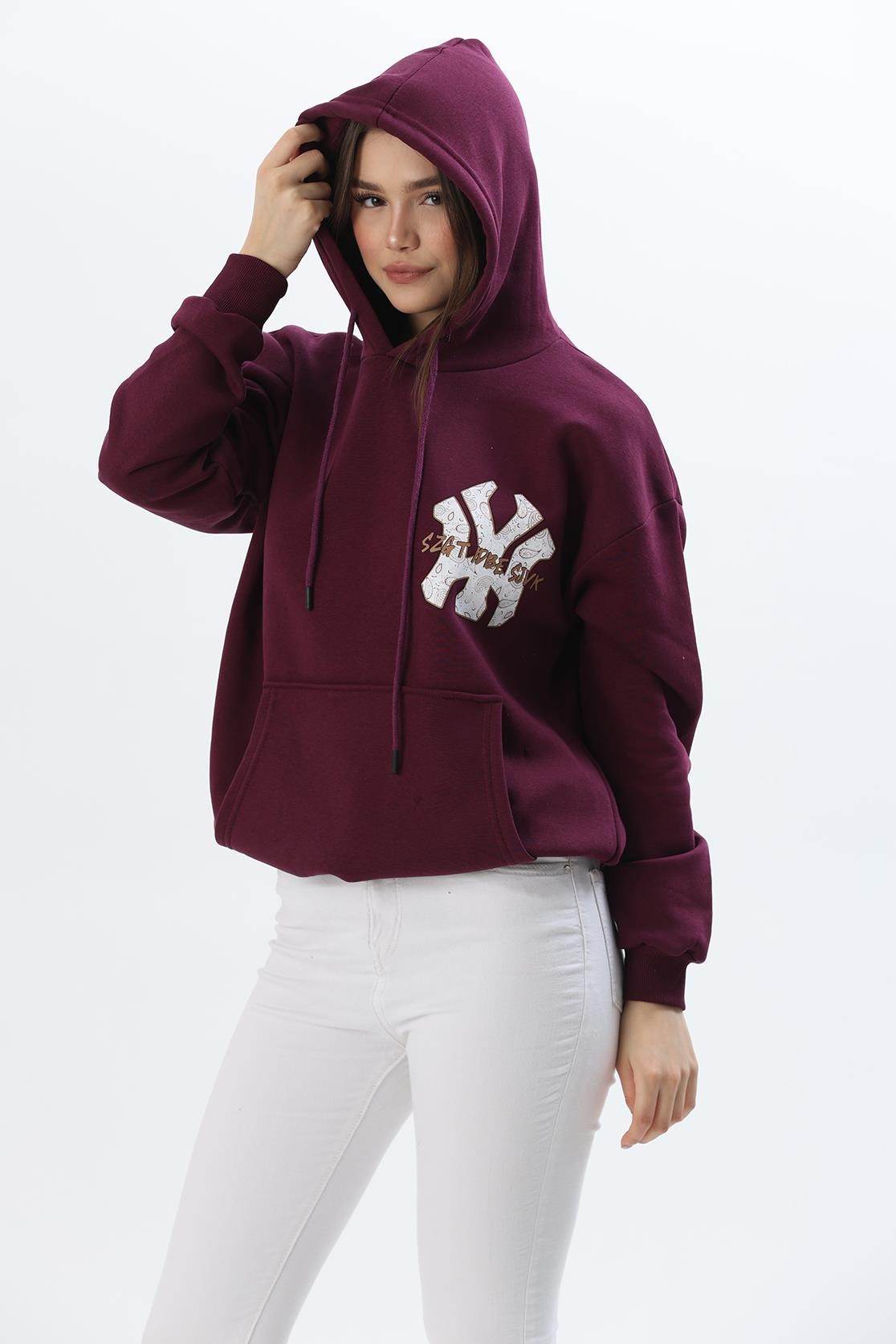Üç İplik Baskılı Kapüşonlu Sweatshirt Bordo