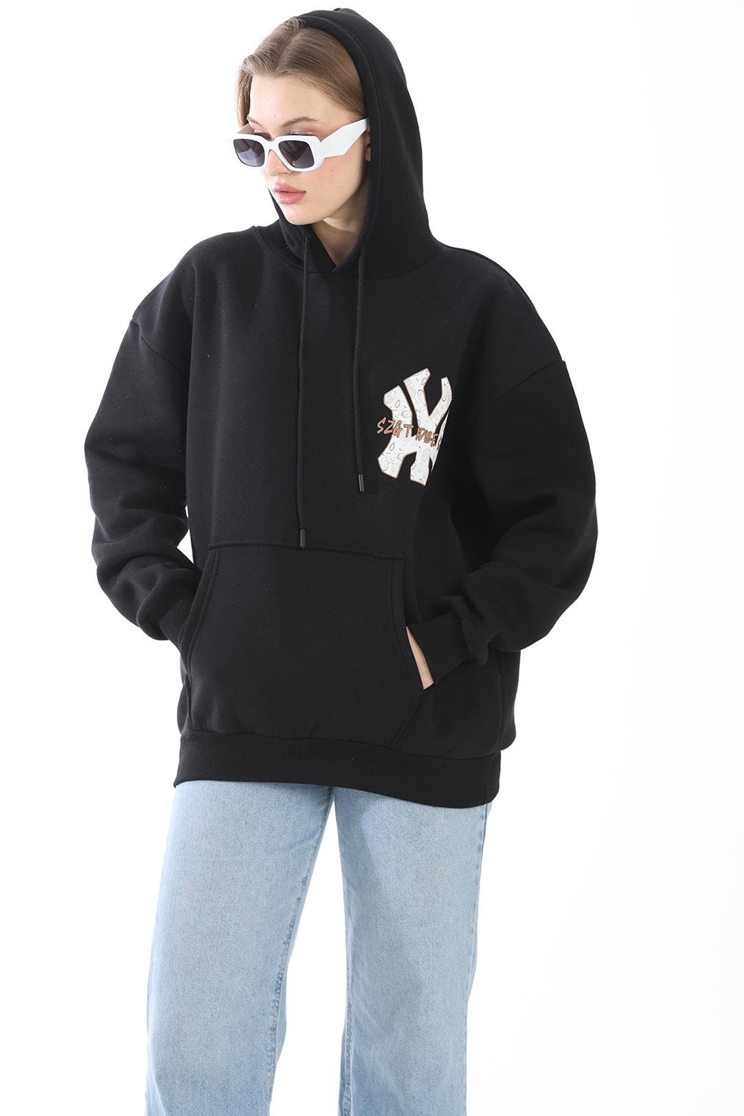 Üç İplik Baskılı Kapüşonlu Sweatshirt Siyah