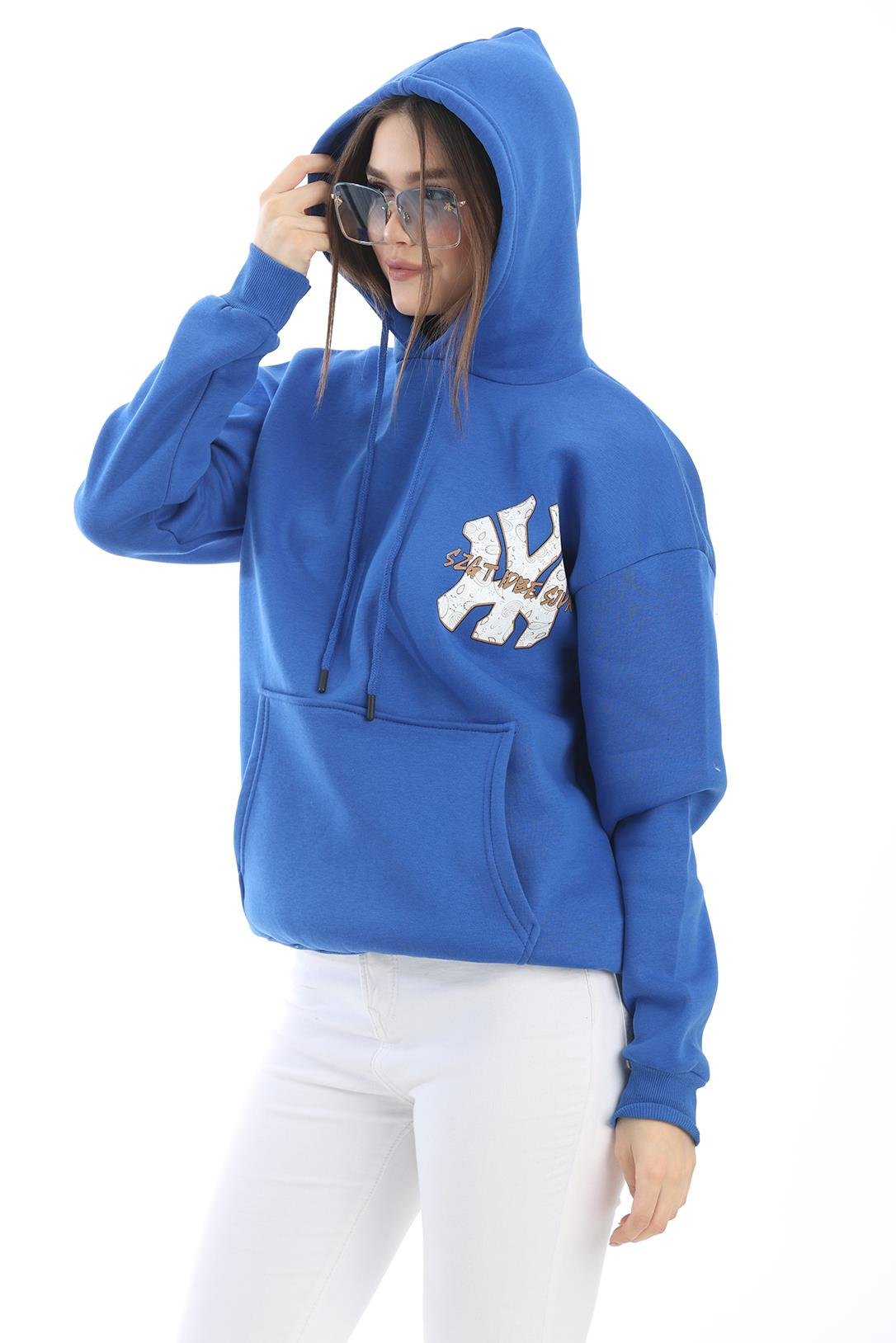 Üç İplik Baskılı Kapüşonlu Sweatshirt Mavi