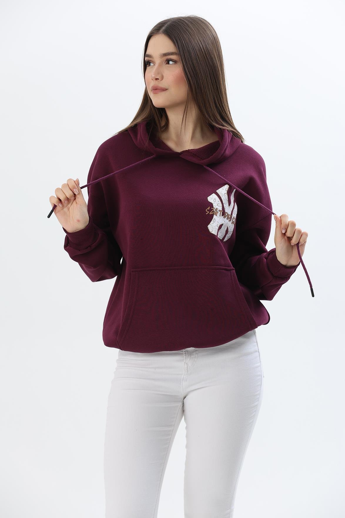 Üç İplik Baskılı Kapüşonlu Sweatshirt Bordo