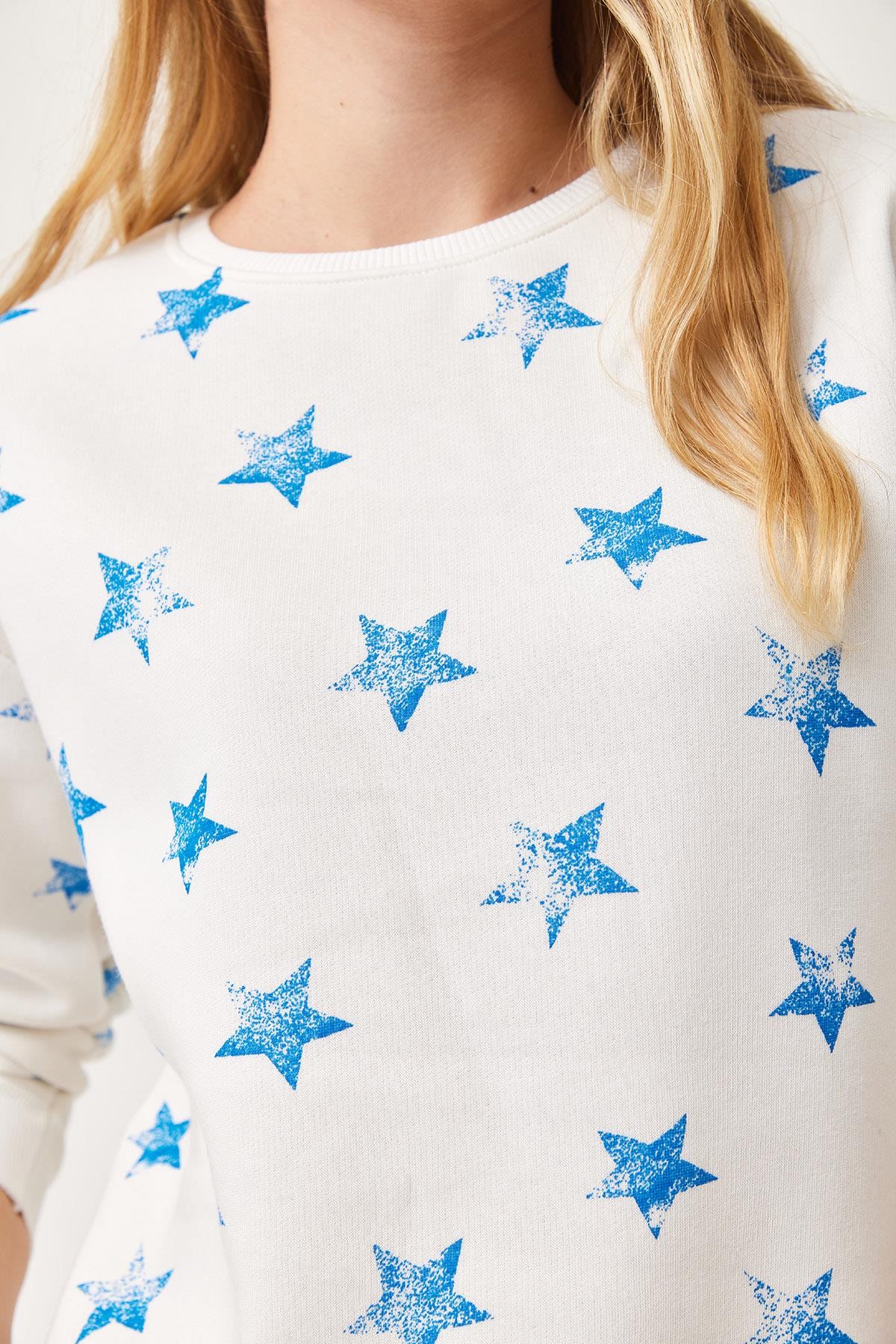 Yıldız Baskılı Oversize Şardonlu Sweatshirt Beyaz