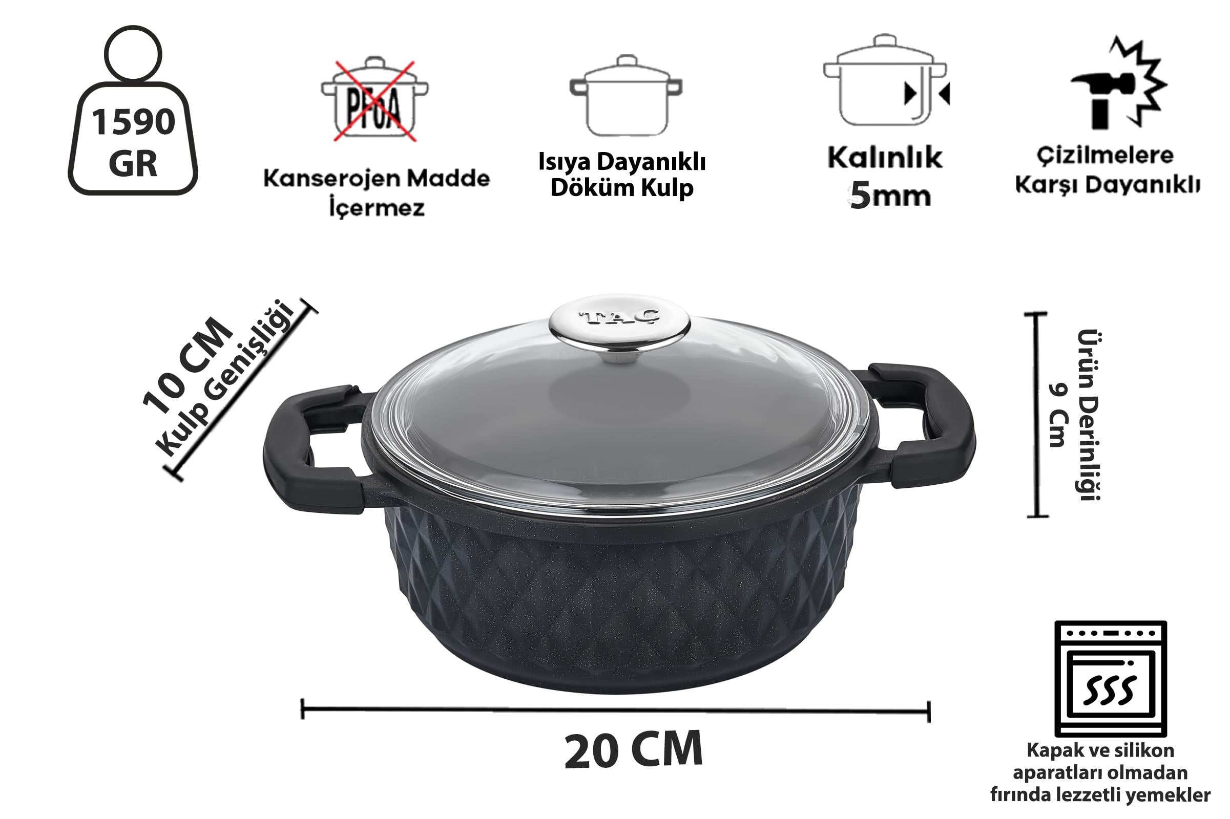 Taç Carabella Döküm Cam Kapak 7 Parça Tencere Seti Siyah