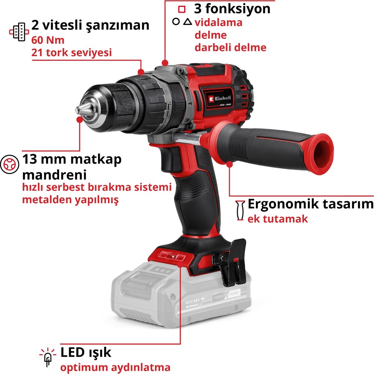  Einhell El Aletleri Einhell 4514205 Kale Kilit  TP-CD 18/60 Li- i BL Solo - Akülü Darbeli Vidalama