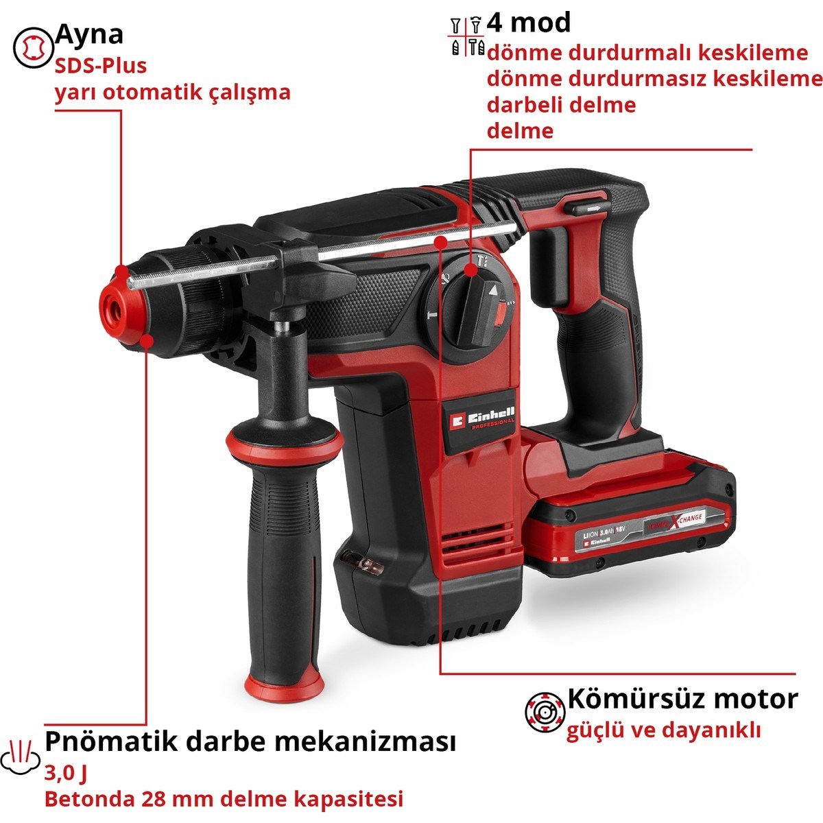  Einhell El Aletleri Einhell 4514274 Kale Kilit  TP-HD 18/28 Li BL+4 (1x3,0Ah+) - Akülü Kırıcı Delici