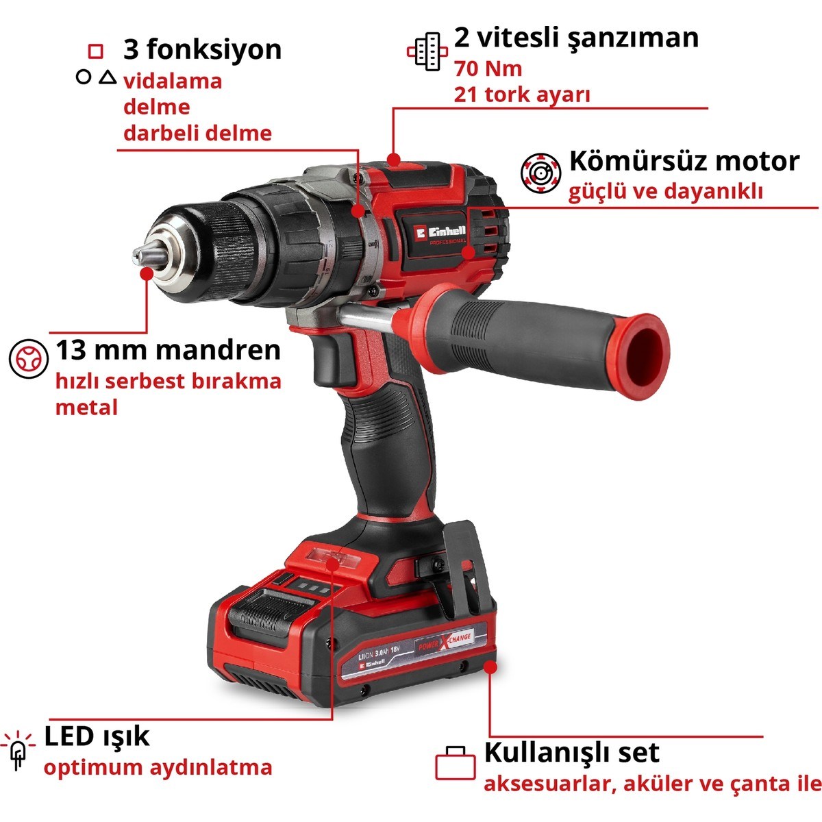  Einhell El Aletleri Einhell 4514318 Kale Kilit  TP-CD 18/70 Li-i BL+70 (2+3Ah) - Akülü Darbeli Vidalama