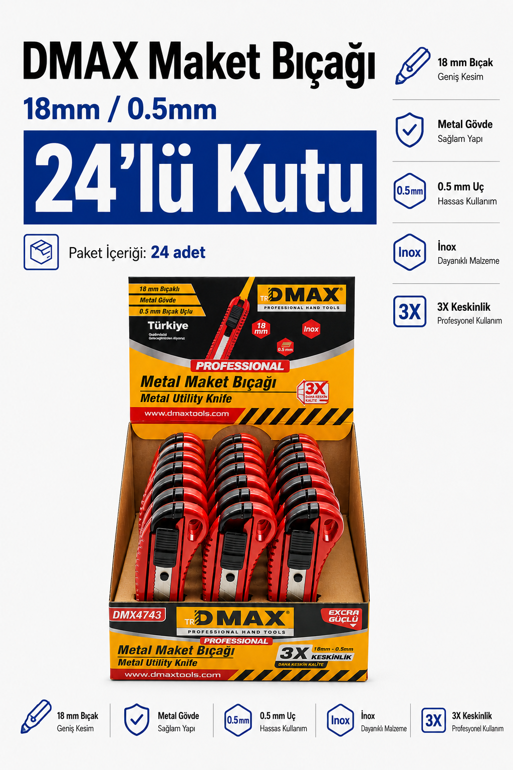 DMAX Metal Maket Bıçağı Falçata 24'lü | Bayi | Ömür Hırdavat Ölçüm ve Kesim Aletleri Dmax DMX4743 DMAX  DMAX Metal Maket Bıçağı (Falçata) 18 mm - Inox Bıçak - Metal Gövde - 24'lü Paket