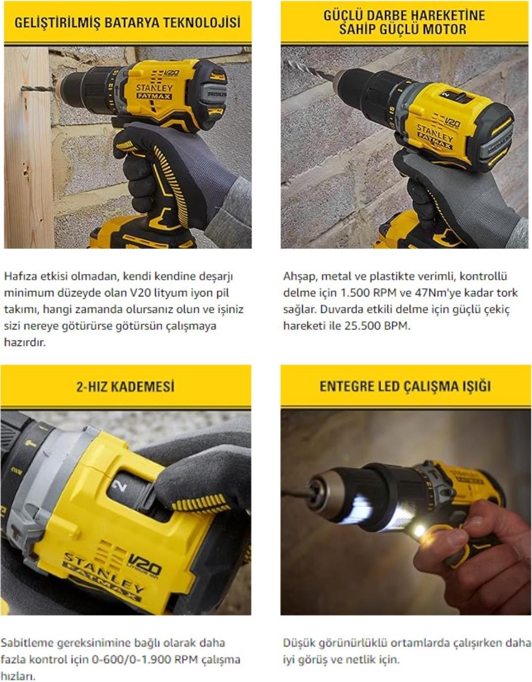 Stanley SBD715D2K-TR 18V 2.0AH V20 Li-Ion Çift Akülü Kömürsüz Darbeli Matkap 