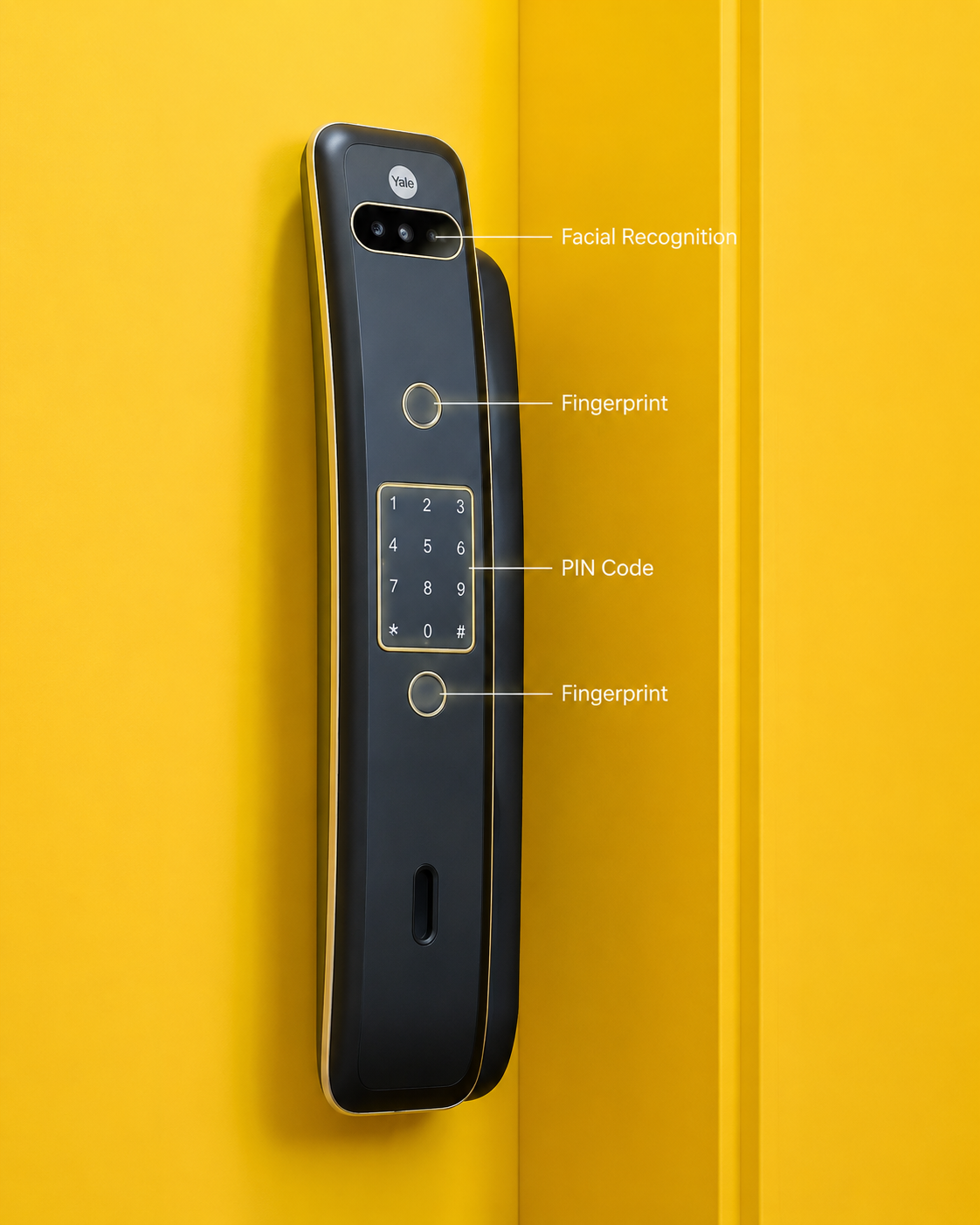 Yale Luna Pro+ Yüz Tanıma ve Parmak Izli Akıllı Kilit, Yale | Yetkili Bayi | Ömür Hırdavat Parmak İzli Kilitler Yale 05-LNPL-4-04-55-11 Yale  Yale Luna Pro+ Yüz Tanımalı Akıllı Kapı Kilidi - Parmak İzi, Şifre, Kart - Siyah/Gold