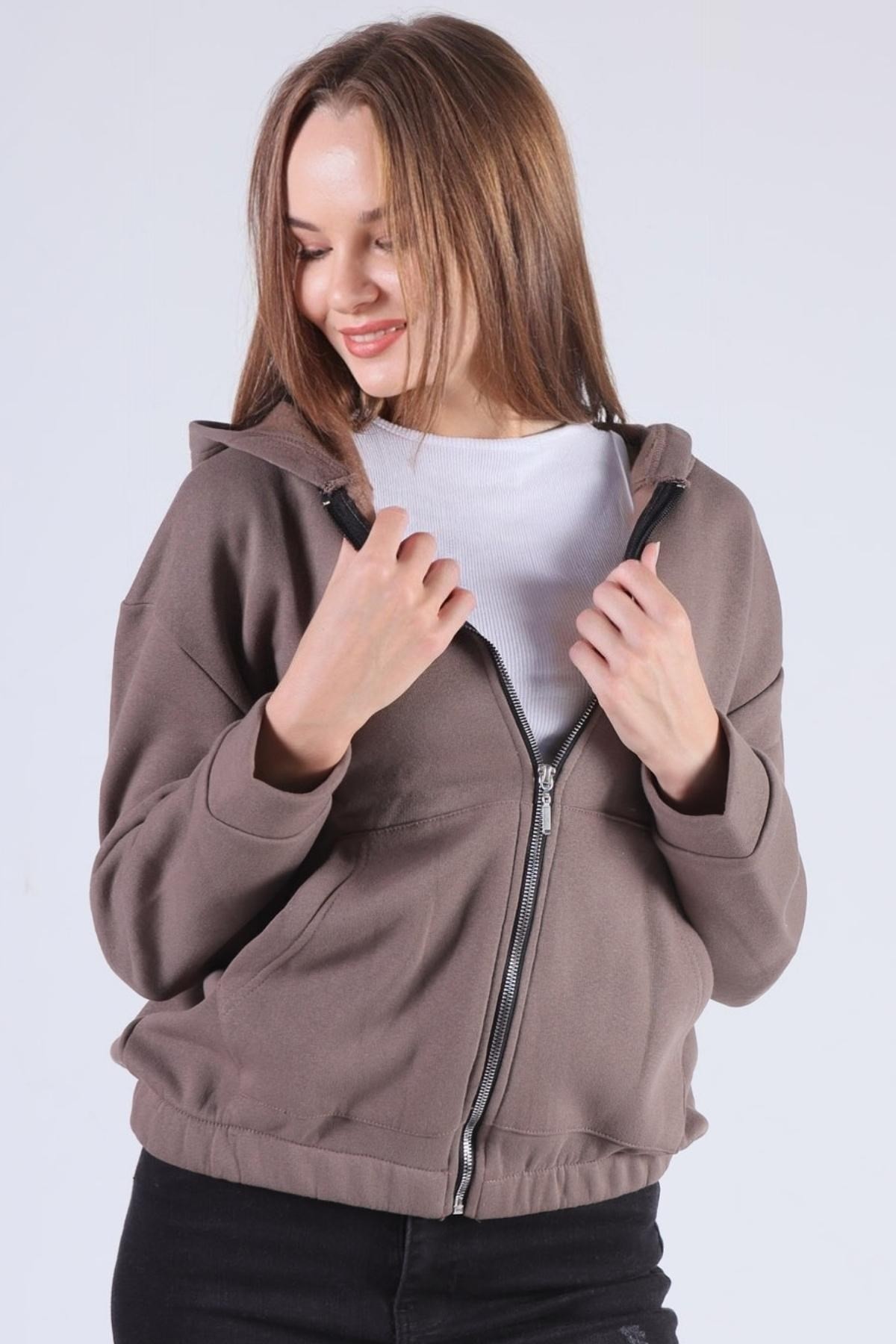 Acı Kahve Oversize Fermuarlı Sweat 8125M