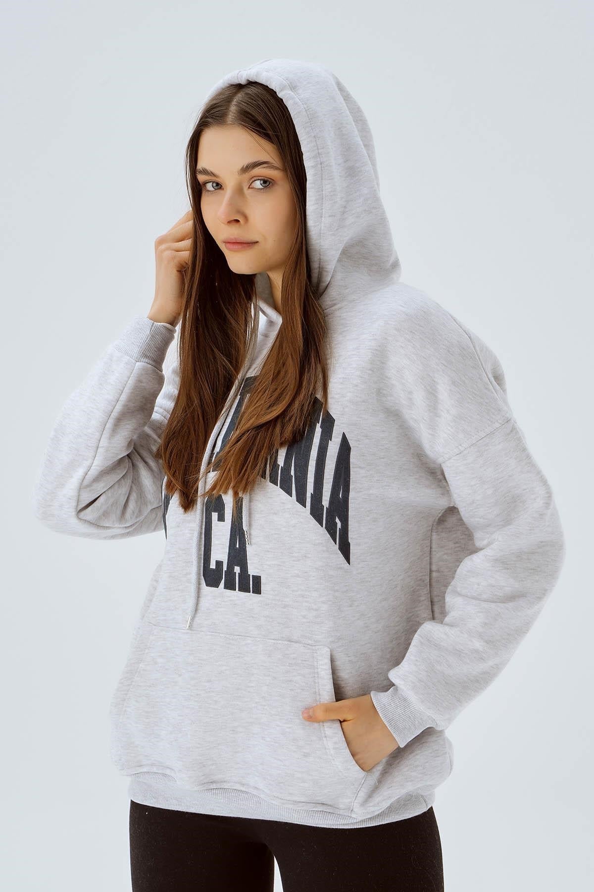 Açık Gri Kapüşonlu Oversize Sweat 3720