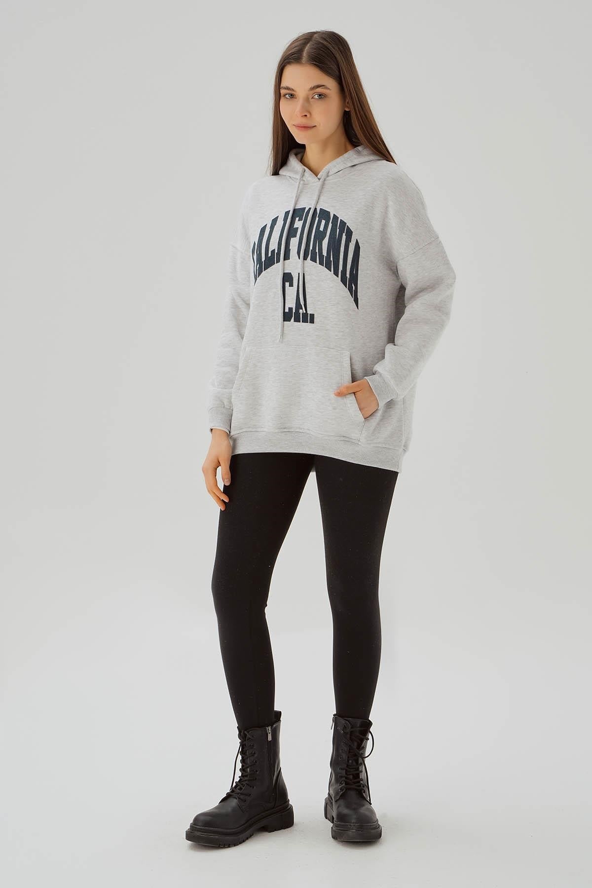Açık Gri Kapüşonlu Oversize Sweat 3720
