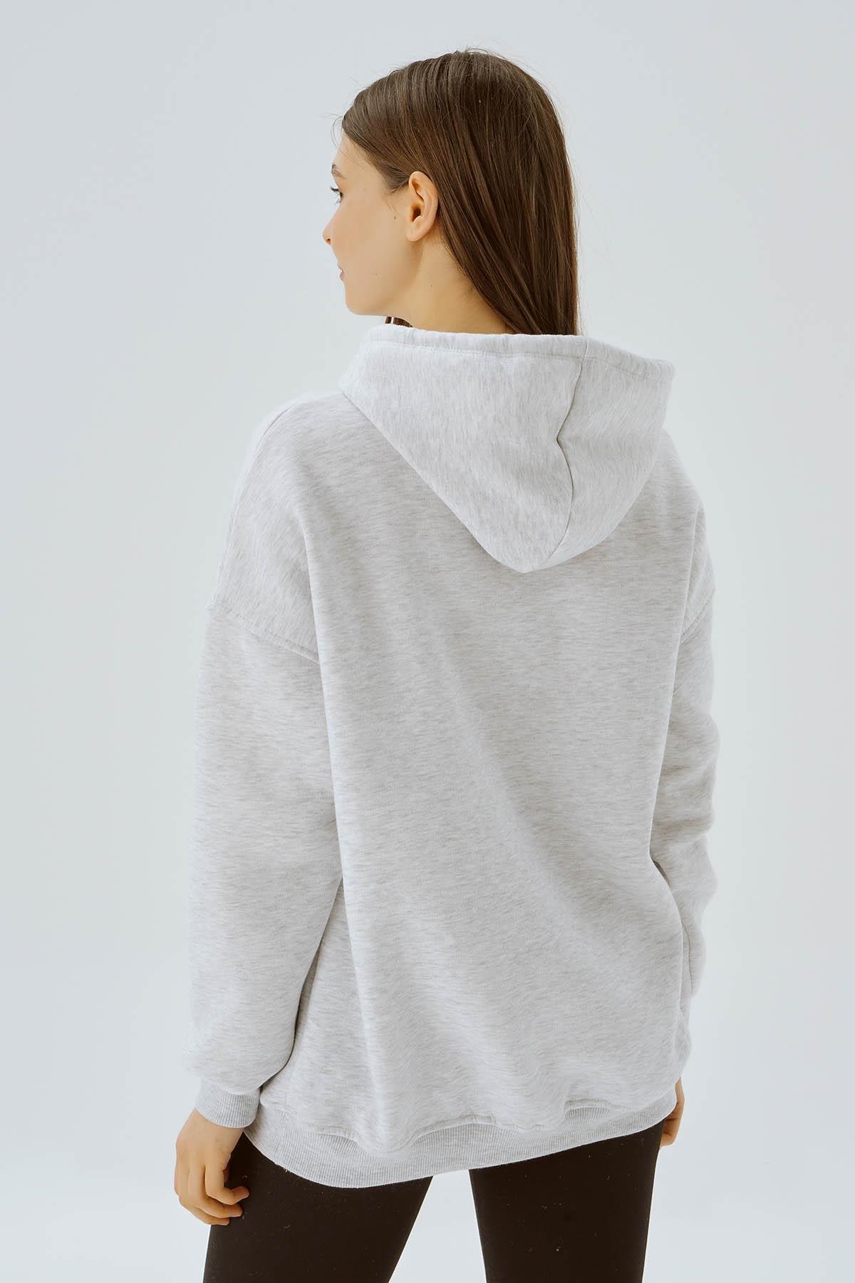 Açık Gri Kapüşonlu Oversize Sweat 3720