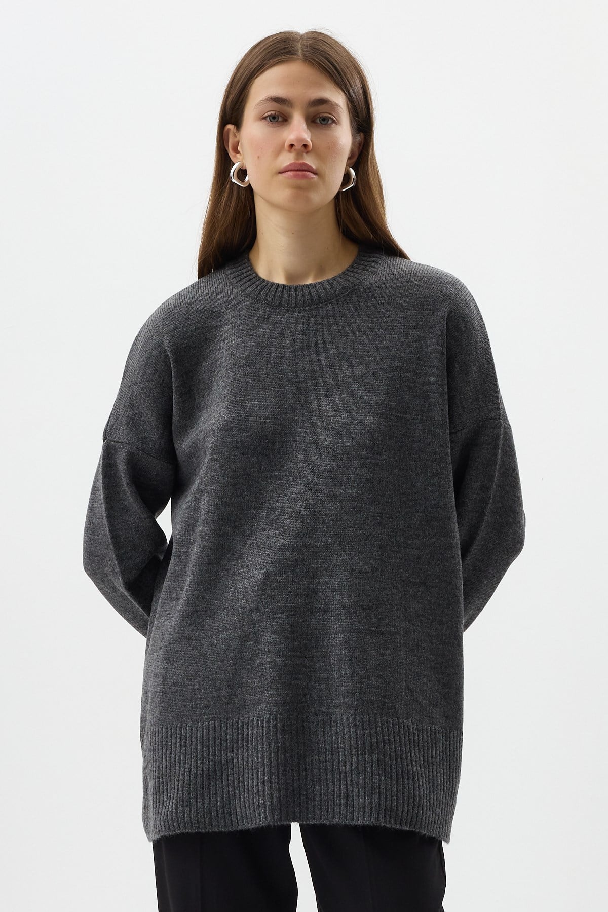 Antrasit Bisiklet Yaka Oversize Kadın Kazak 2450